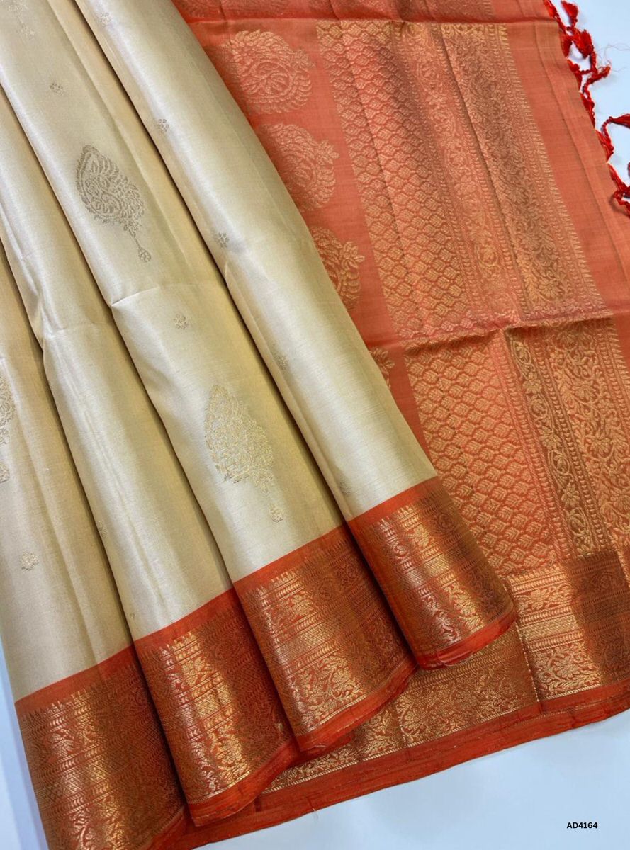 Half White & Orange - Kanchi Border Soft Silk Saree
