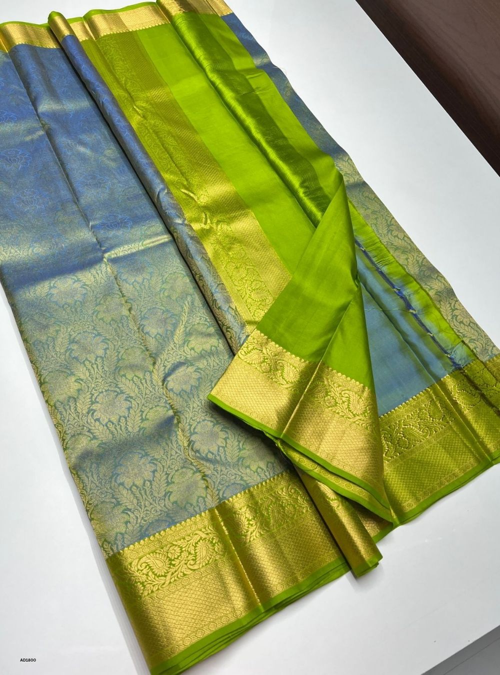 Dual Tone Blue & Lime Green -  Kanjeevaram Silk Saree