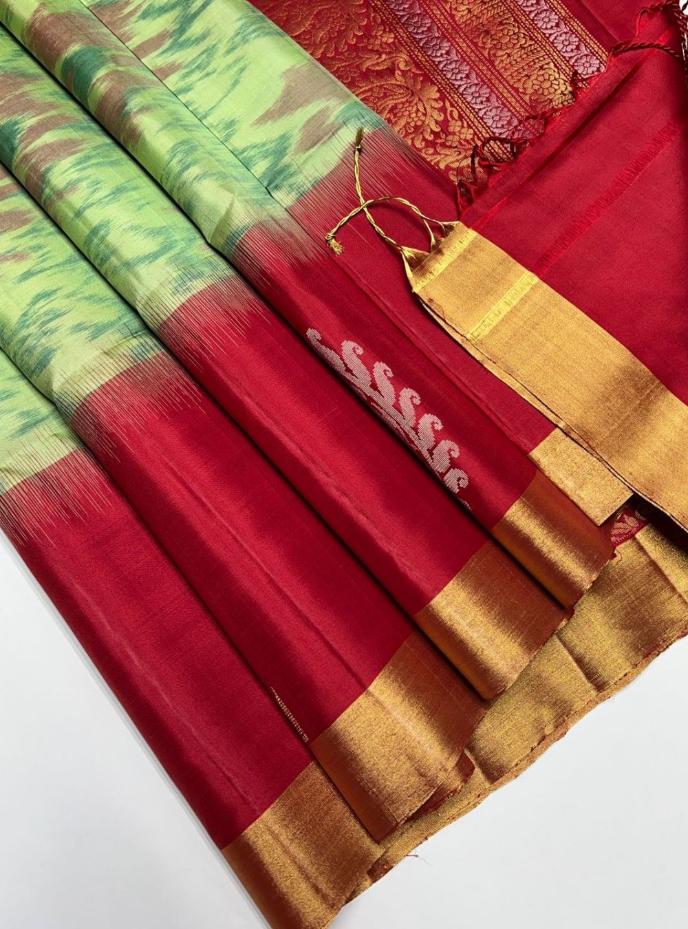 Pista Green & Red - Soft Silk Saree