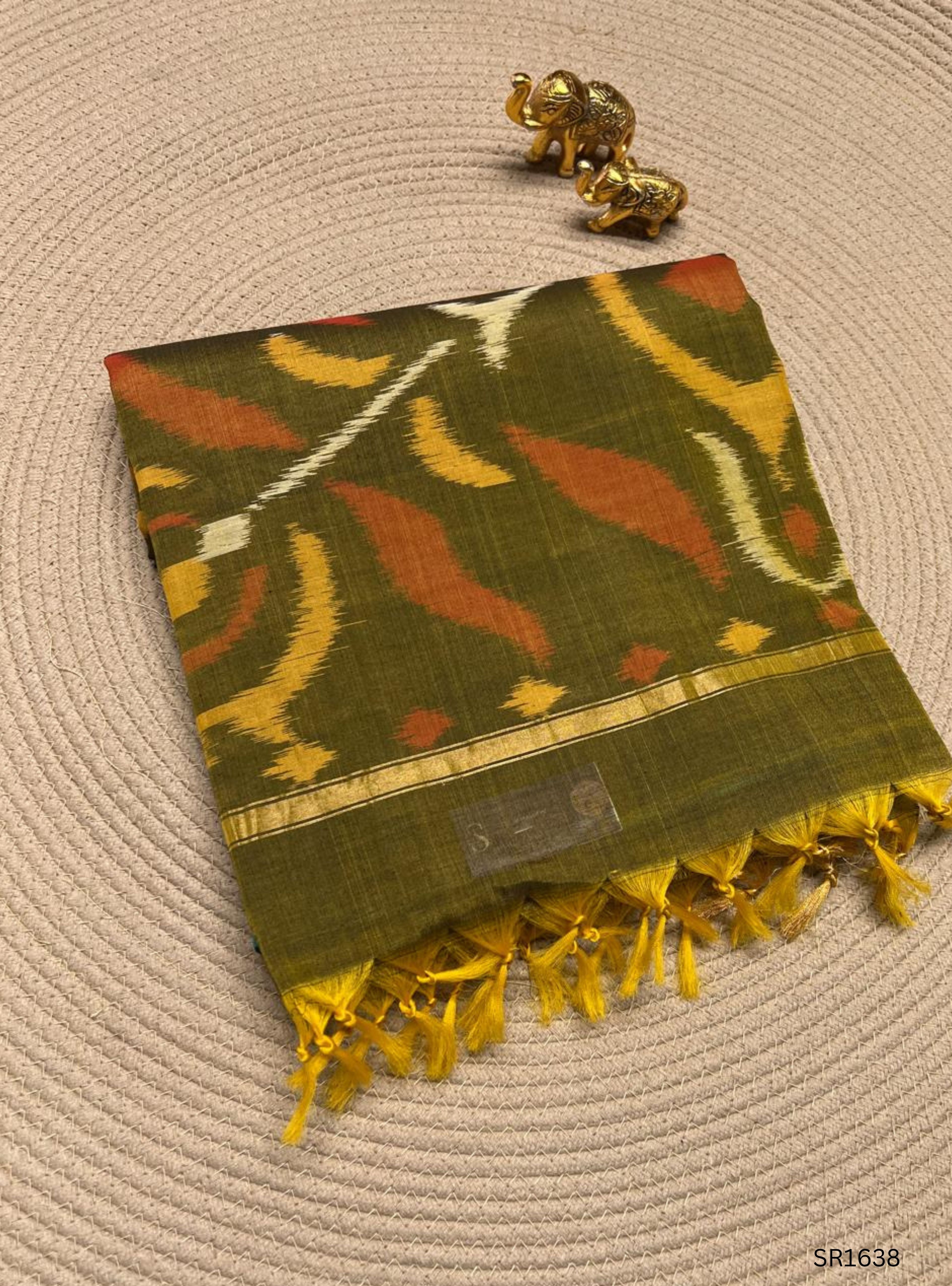 Emaraled Green , Blue & Olive Green - Ikkat Kora Cotton Saree