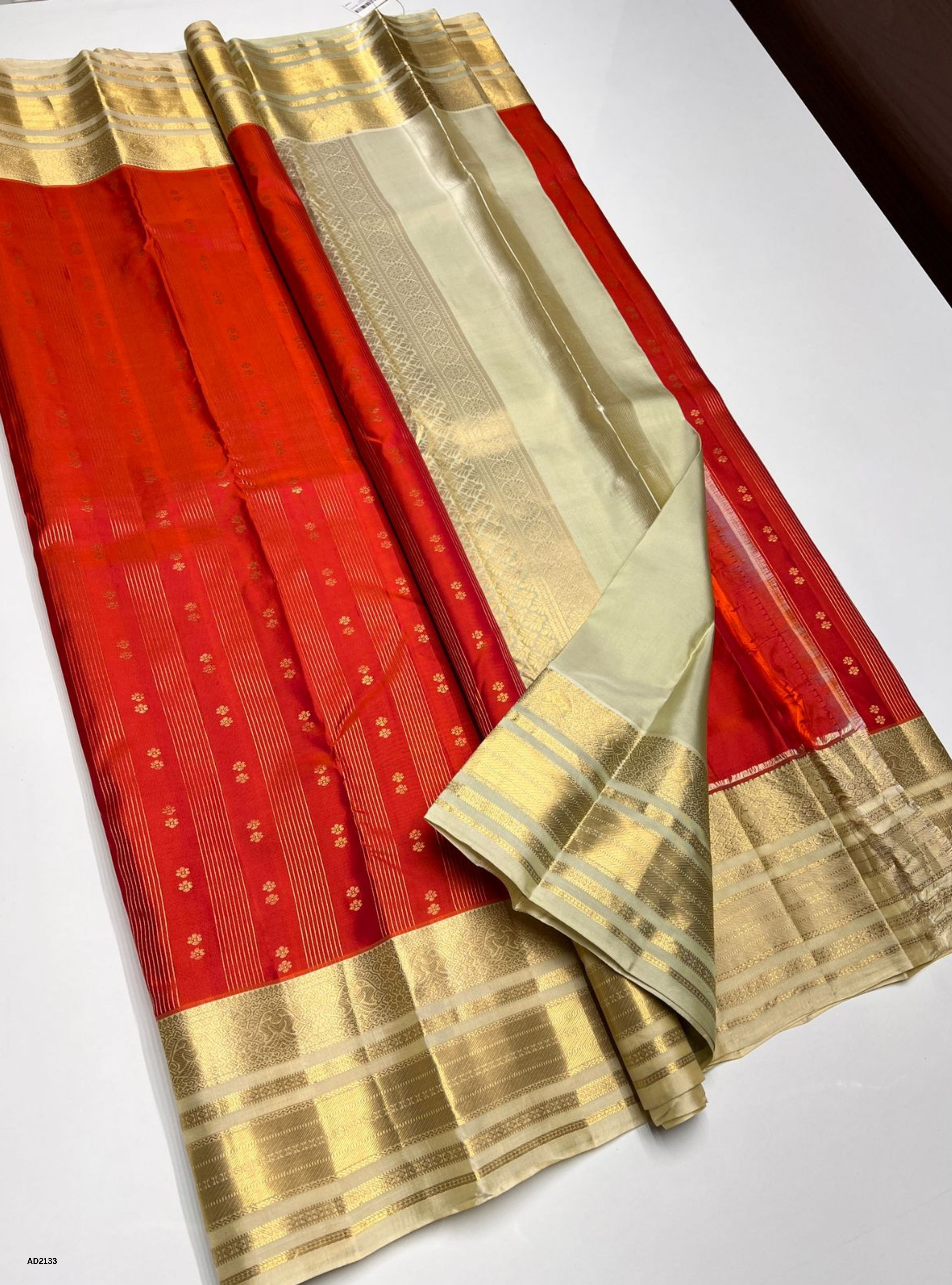 Orangish Pink & Half White  - Soft Silk Saree