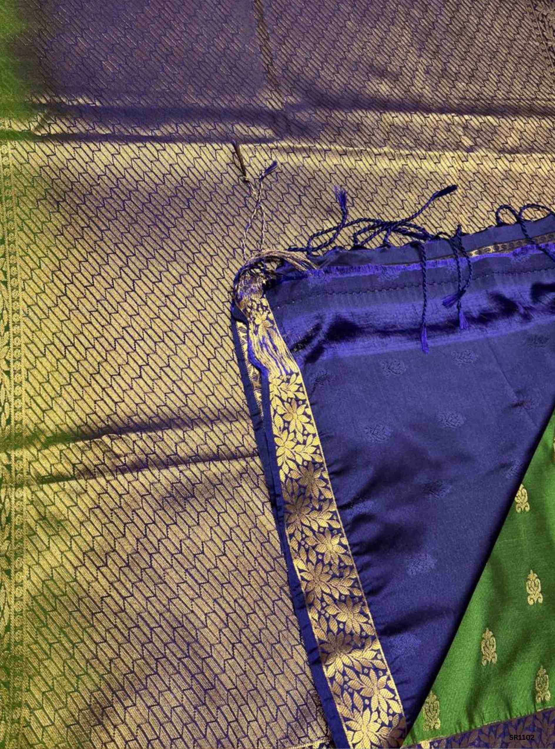 Green & Navy - Semi Silk Saree