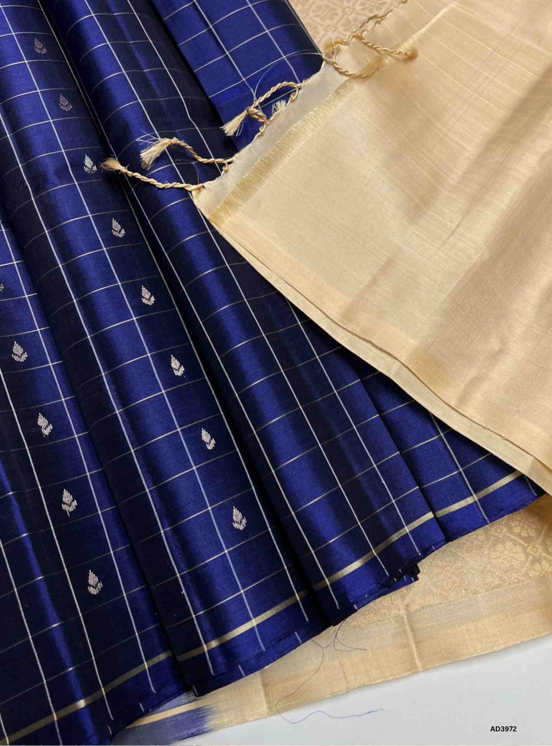 Navy Blue & Cream- Checkered Soft Silk Saree