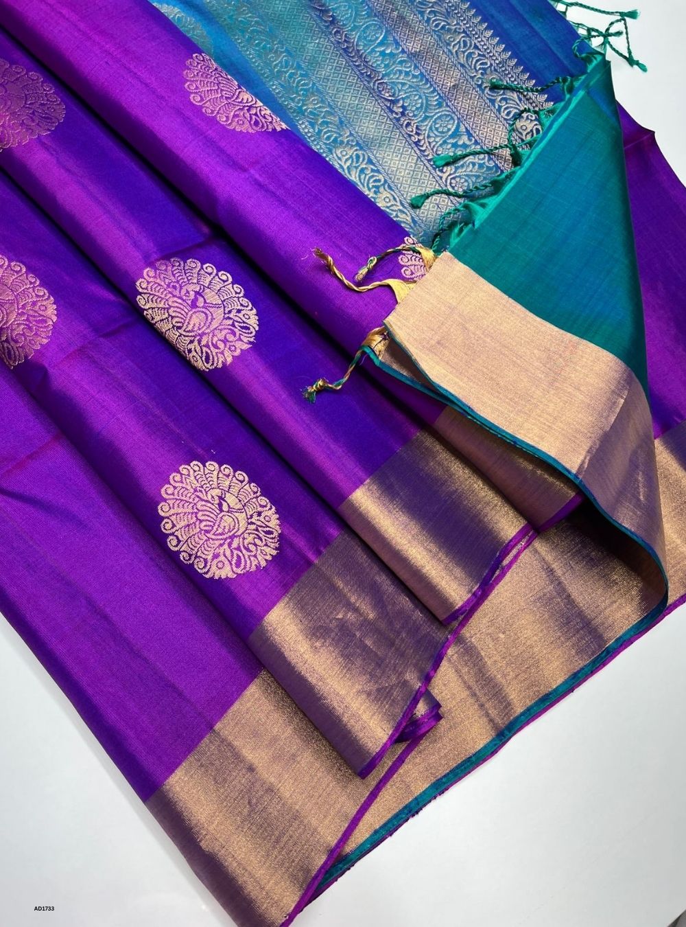 Purple & Peacock Green - Soft Silk Saree