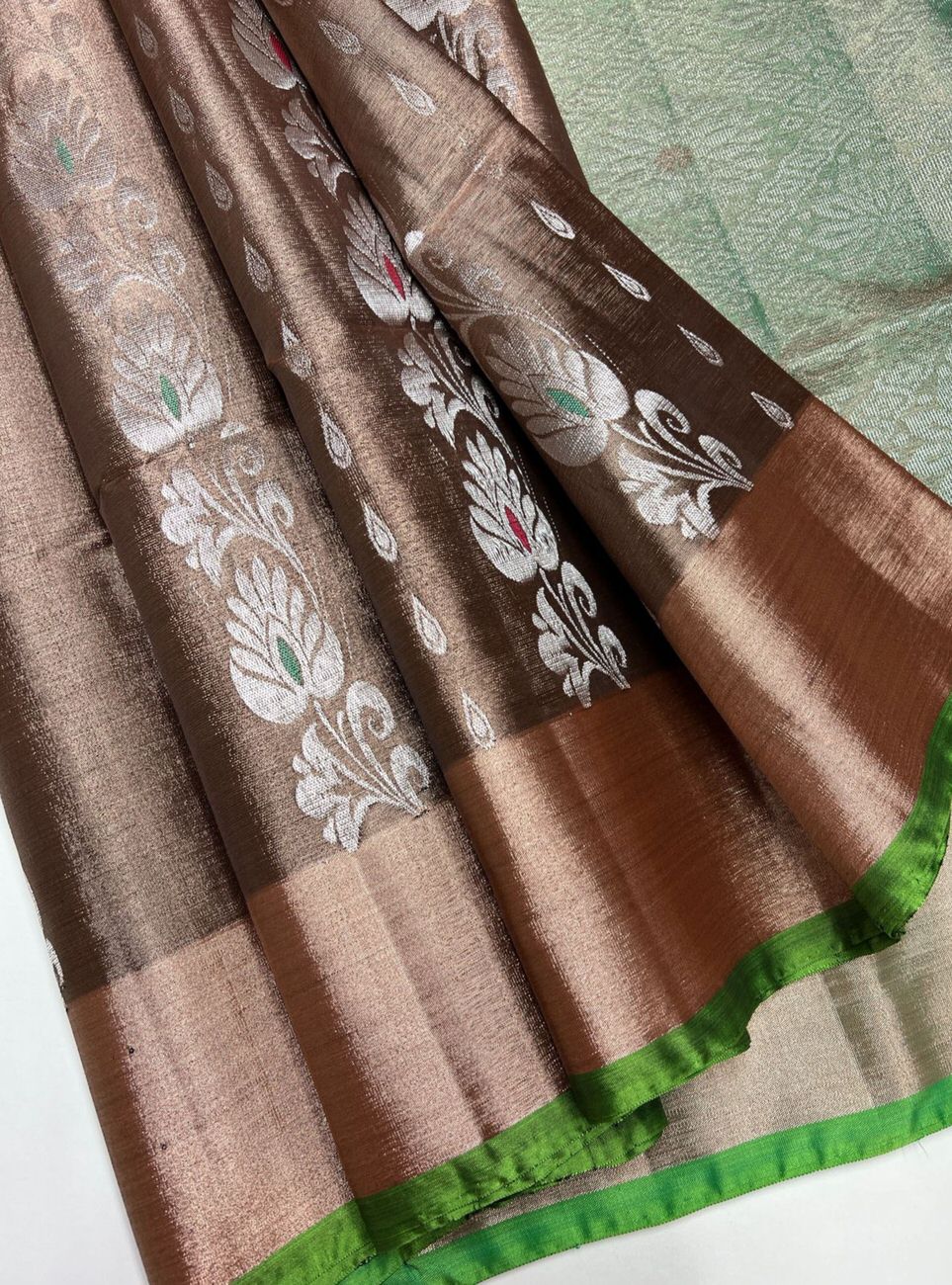 Chocolate & Patel Green- Tissue Uppada Saree