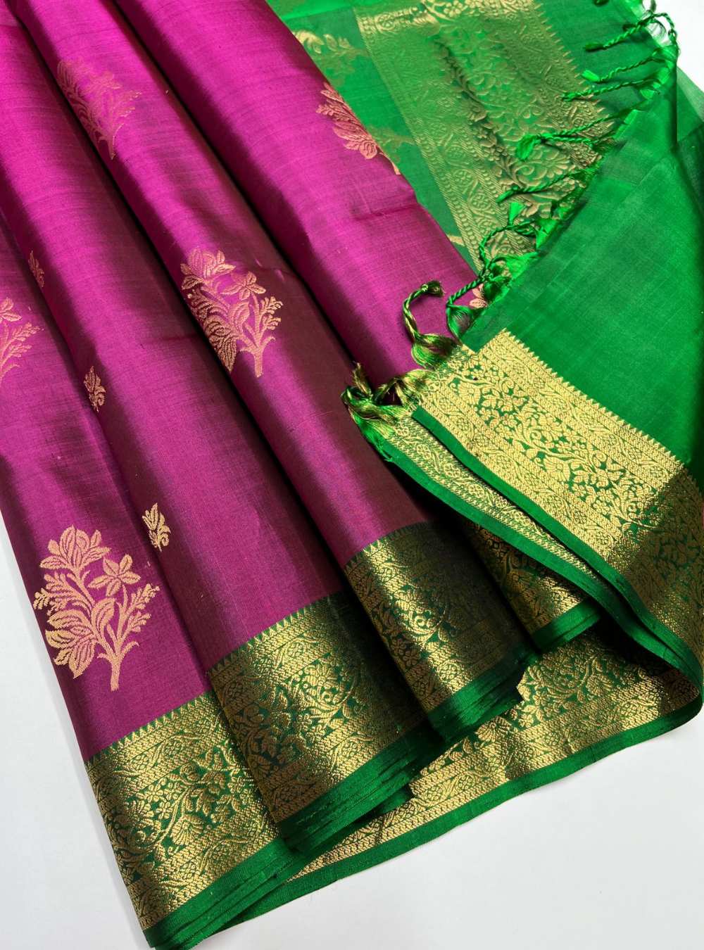 Raspberry & Green - Soft Silk Saree