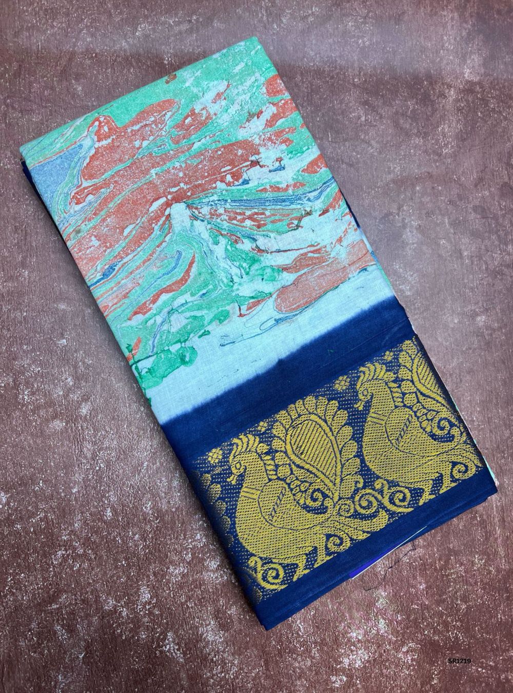 White & Ink Blue - Marble Print Chungudi Cotton