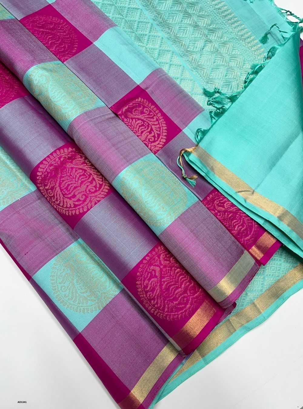 Turquoise & Rani Pink - Soft Silk Saree