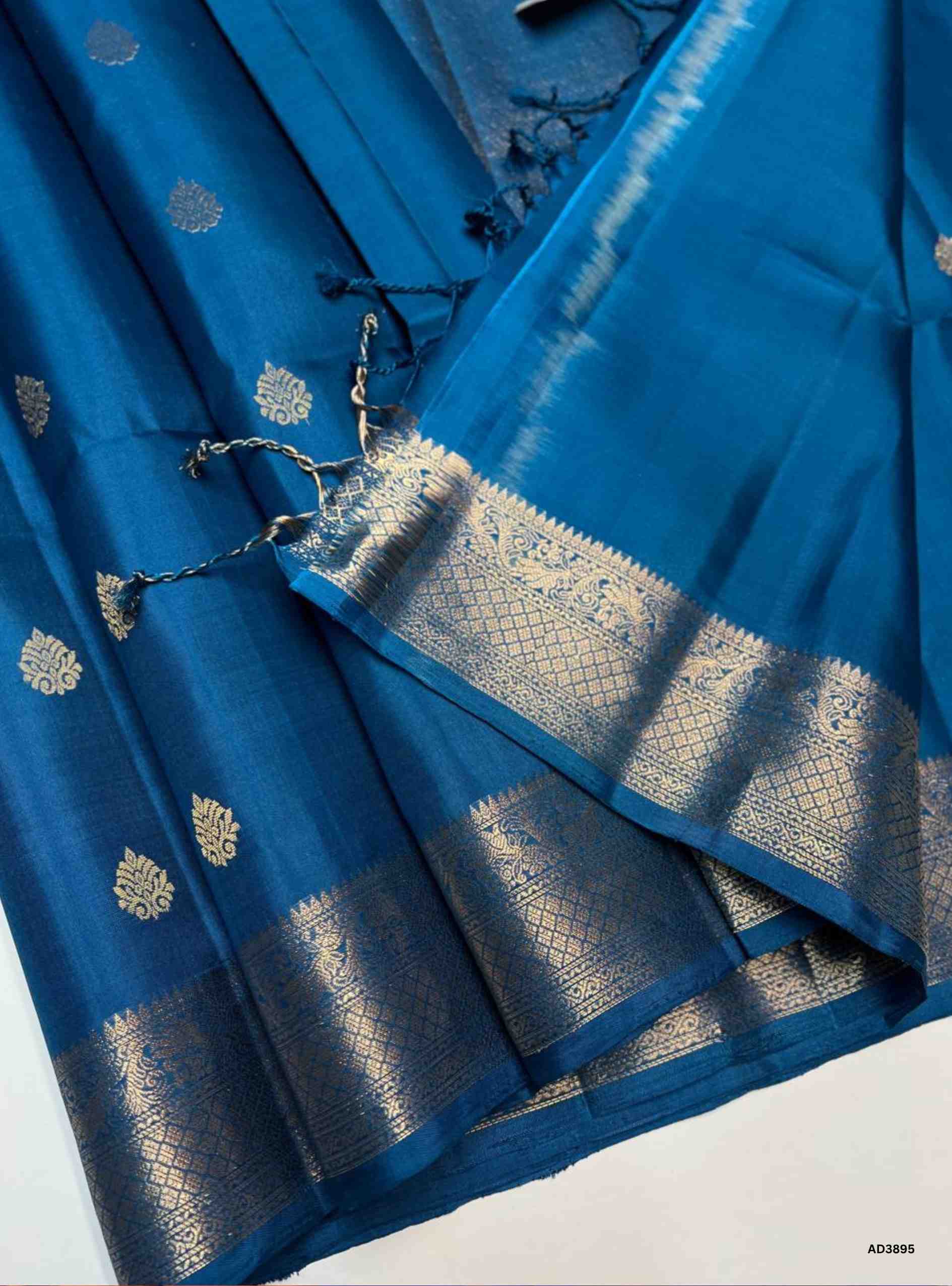 Teal Blue - Kanchi Border Soft Silk Saree