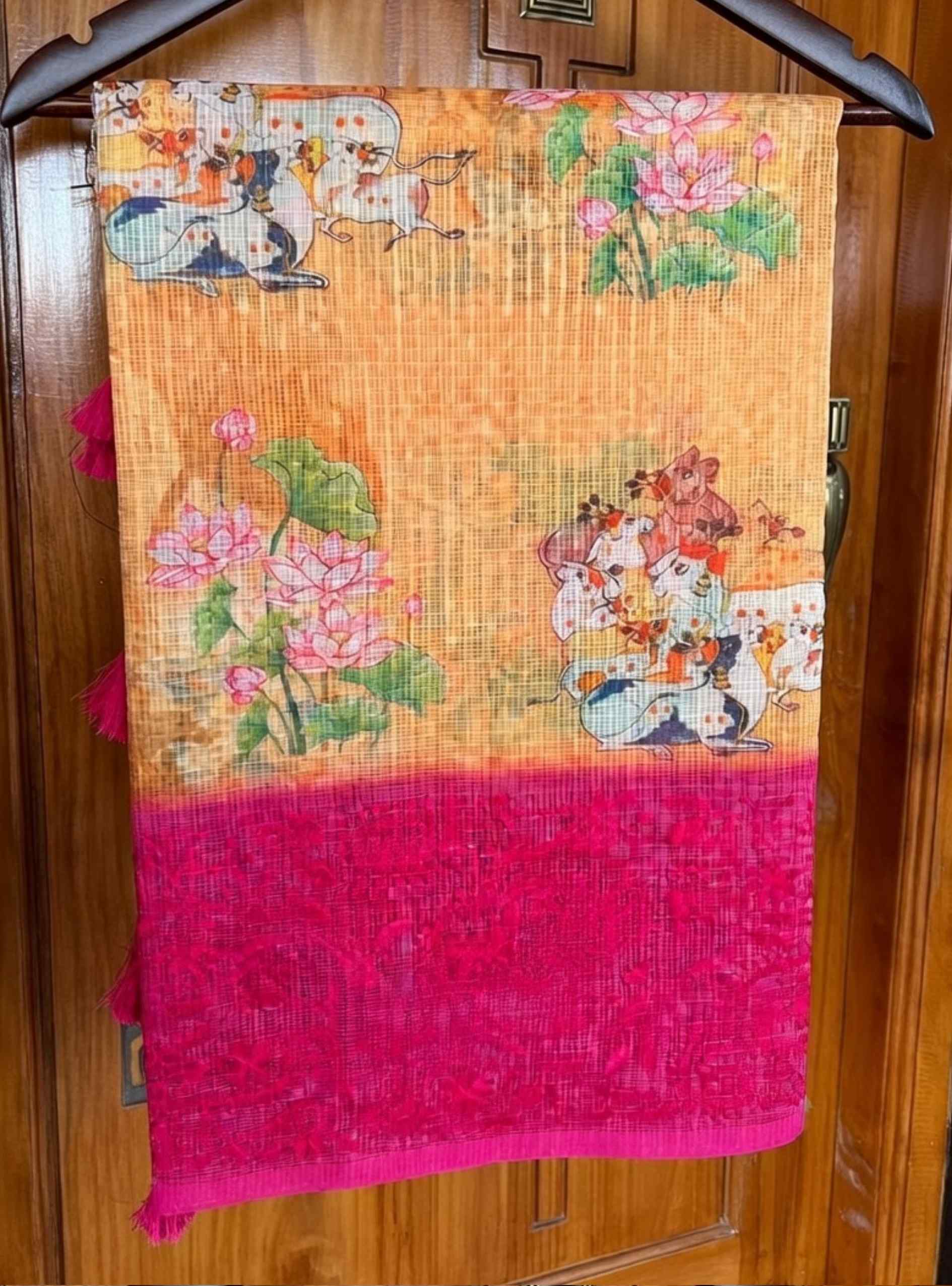 Golden Yellow &  Pink - Cotta Saree