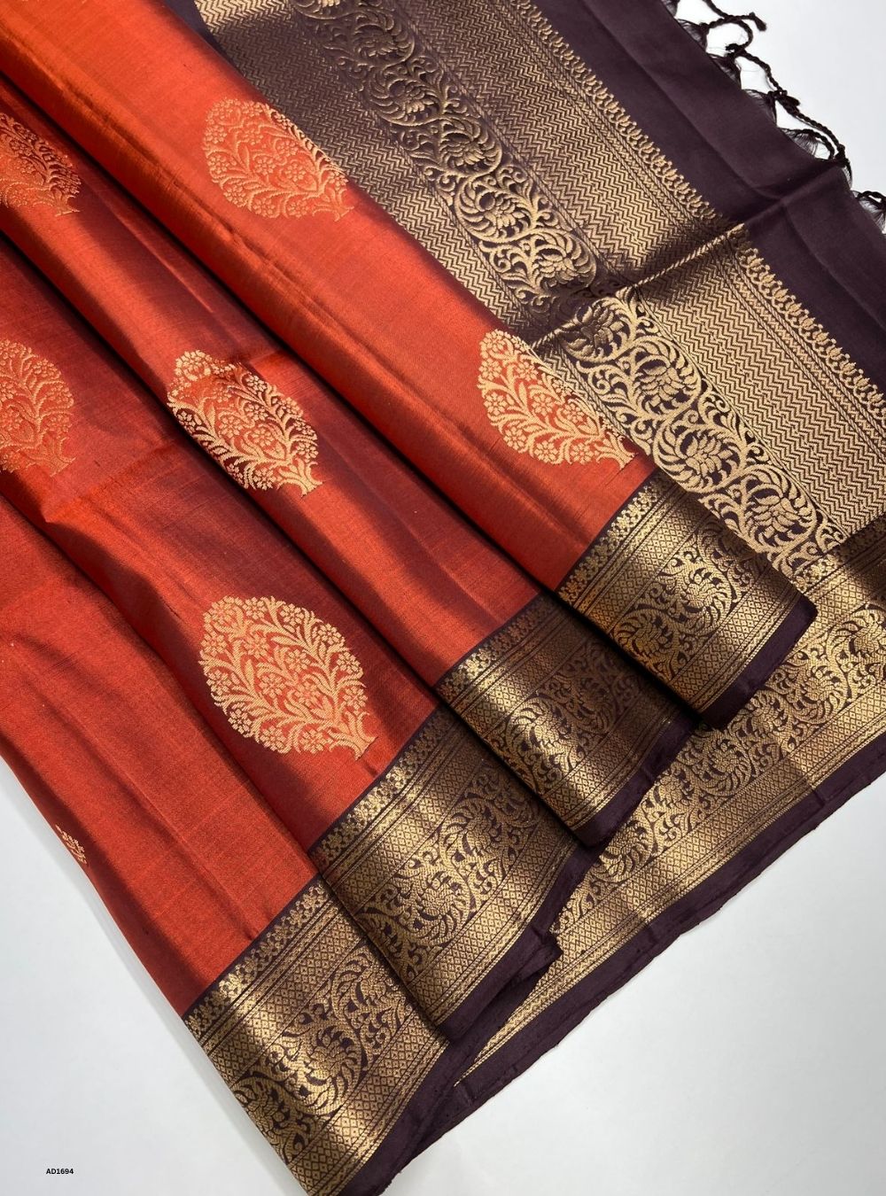 Rust Orange & Coffee Brown - Soft Silk Saree