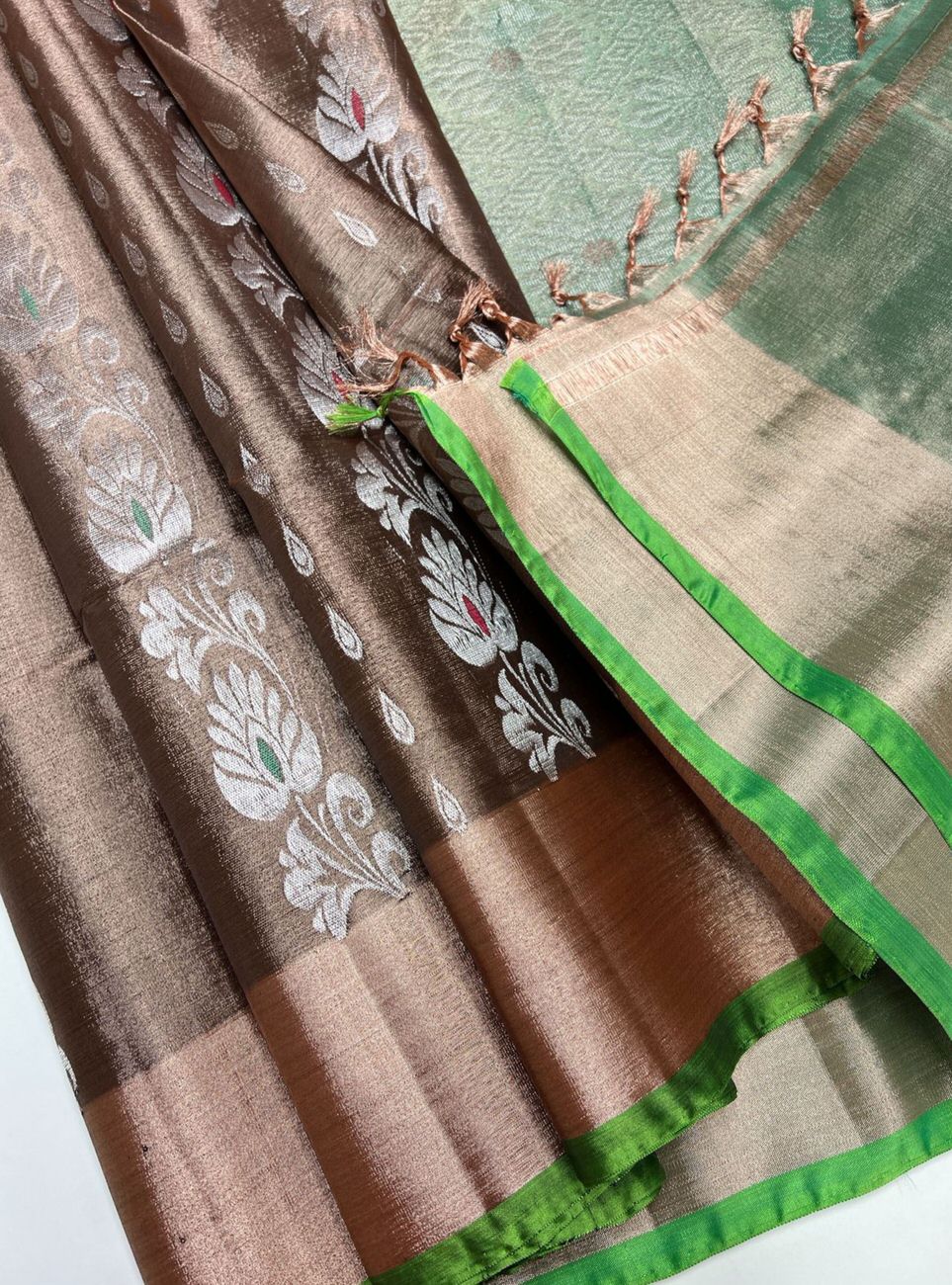 Chocolate & Patel Green- Tissue Uppada Saree