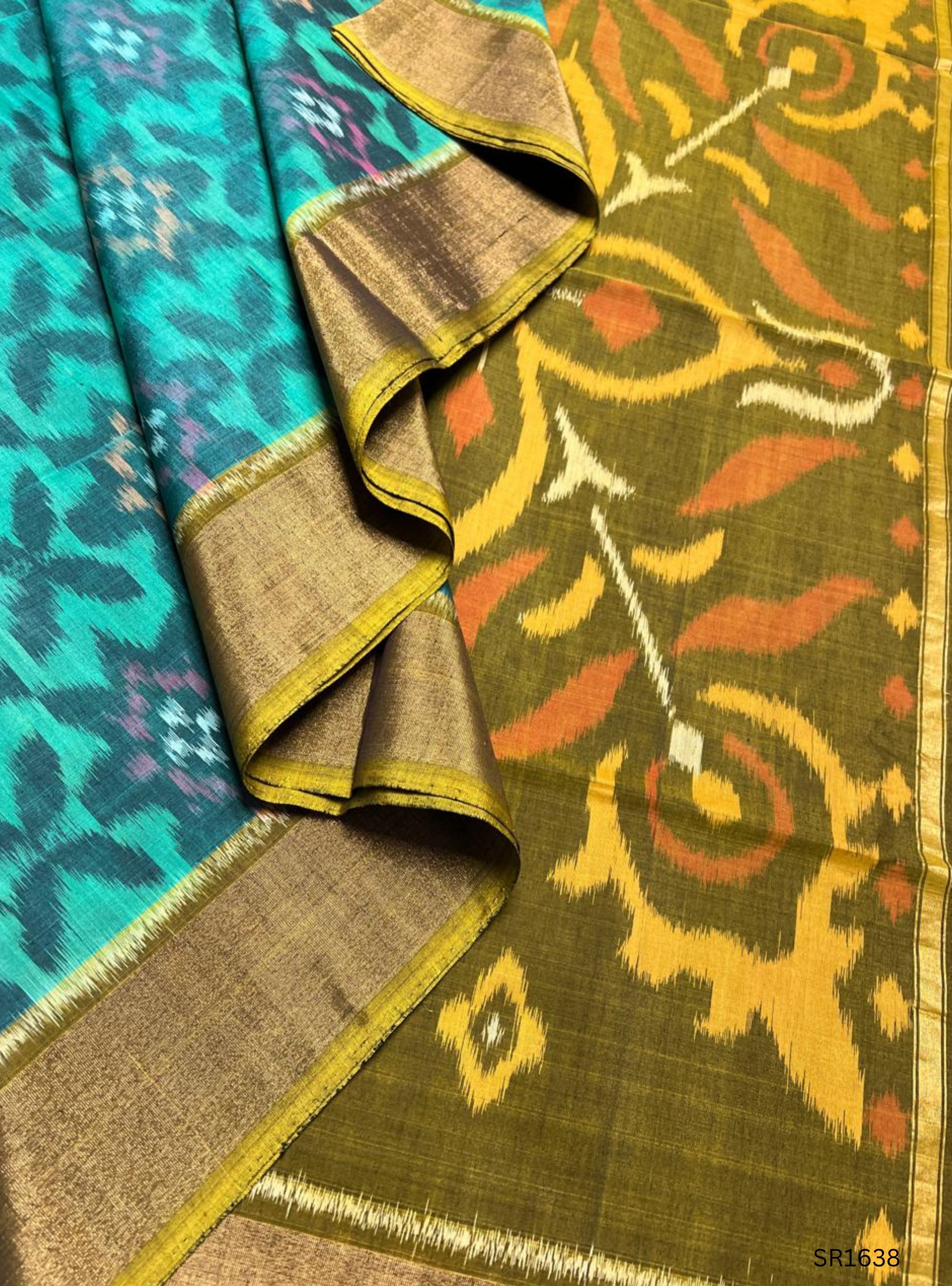 Emaraled Green , Blue & Olive Green - Ikkat Kora Cotton Saree