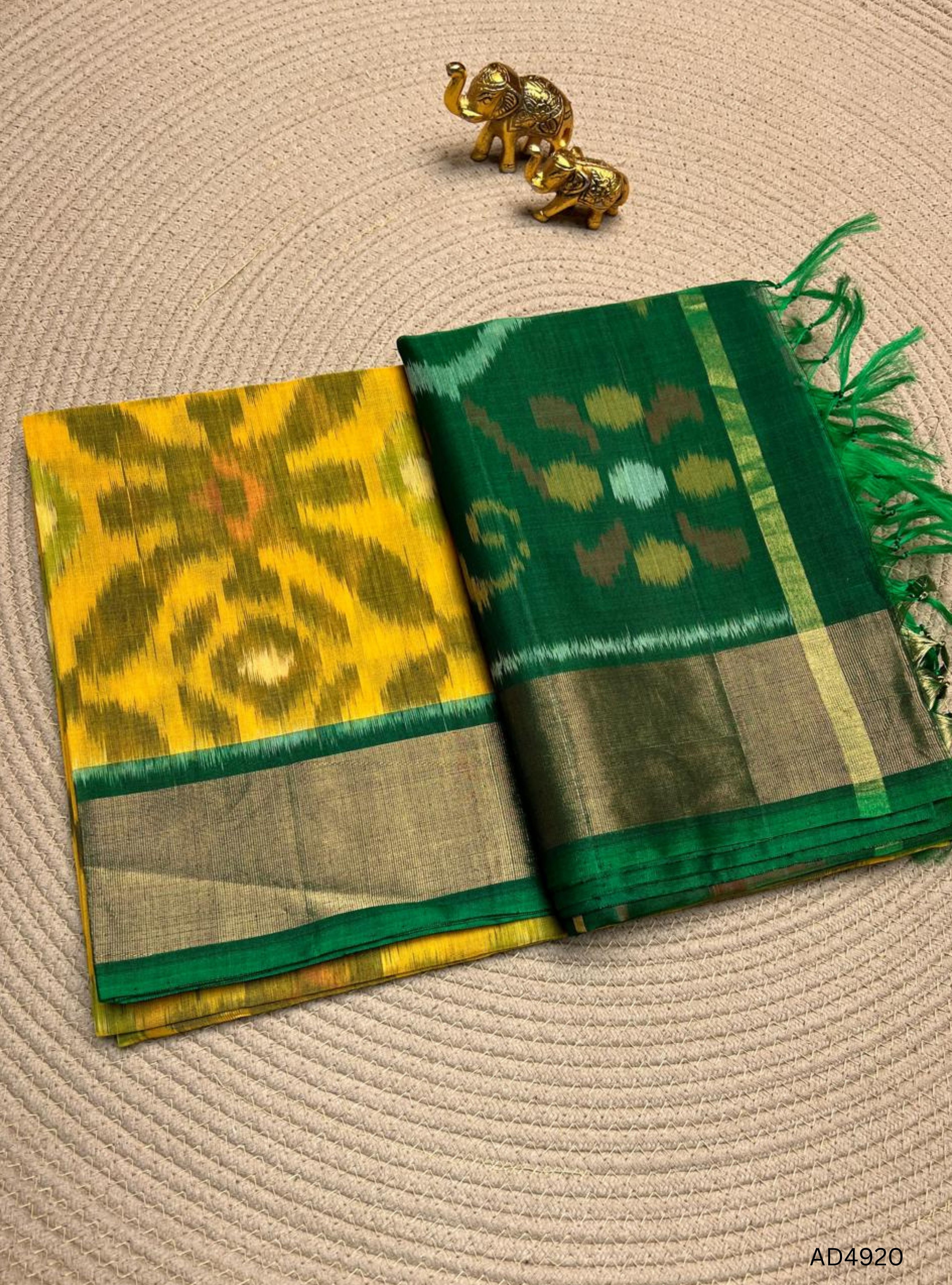 Yellow,  & Green - Ikkat Kora Cotton Saree
