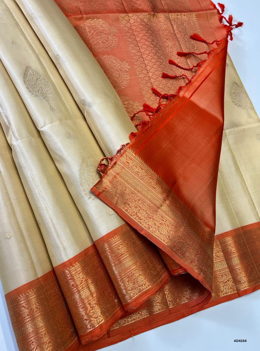 Half White & Orange - Kanchi Border Soft Silk Saree