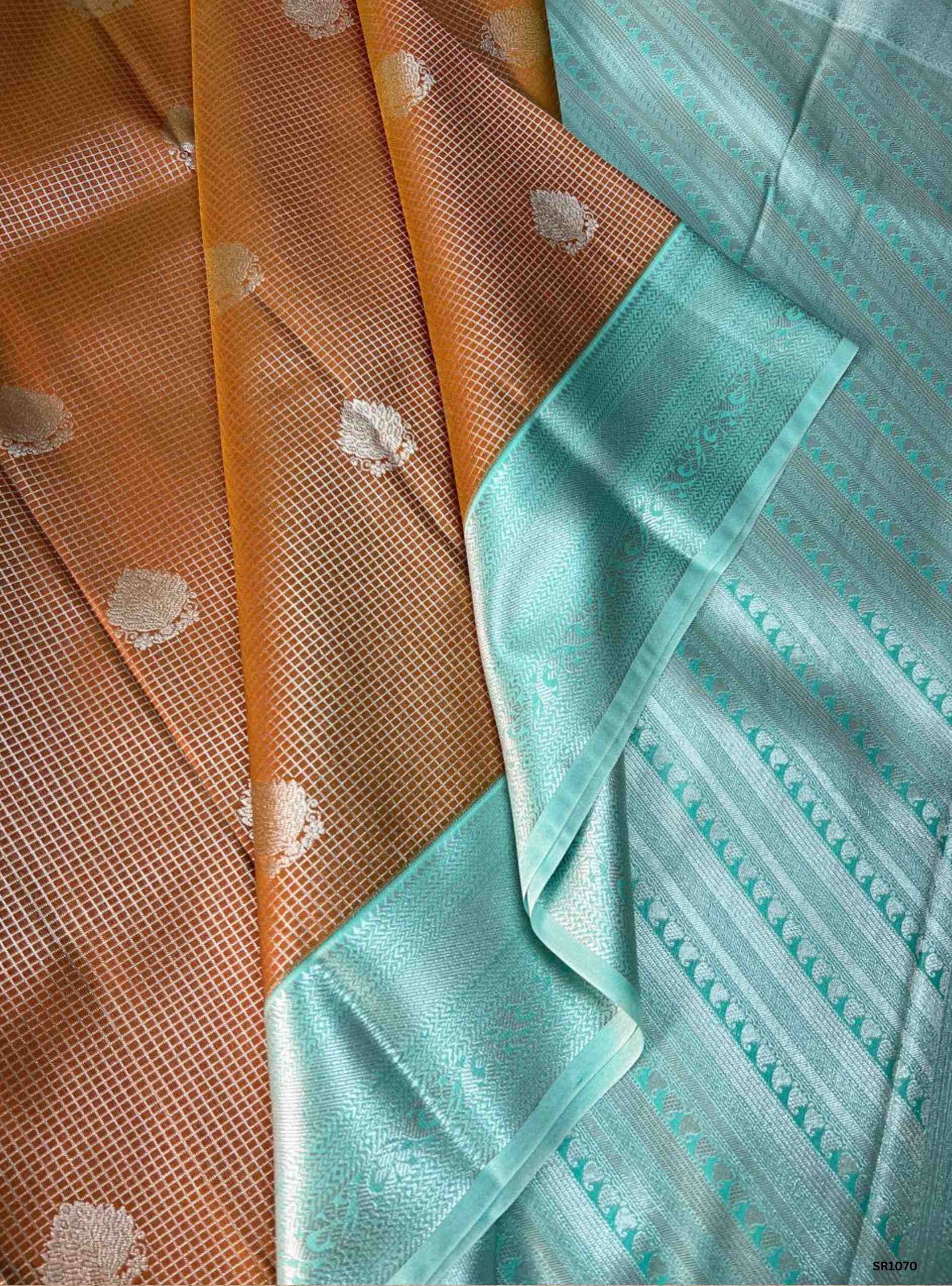 Burnt Orange & Ice Blue - Vegan Silk Saree