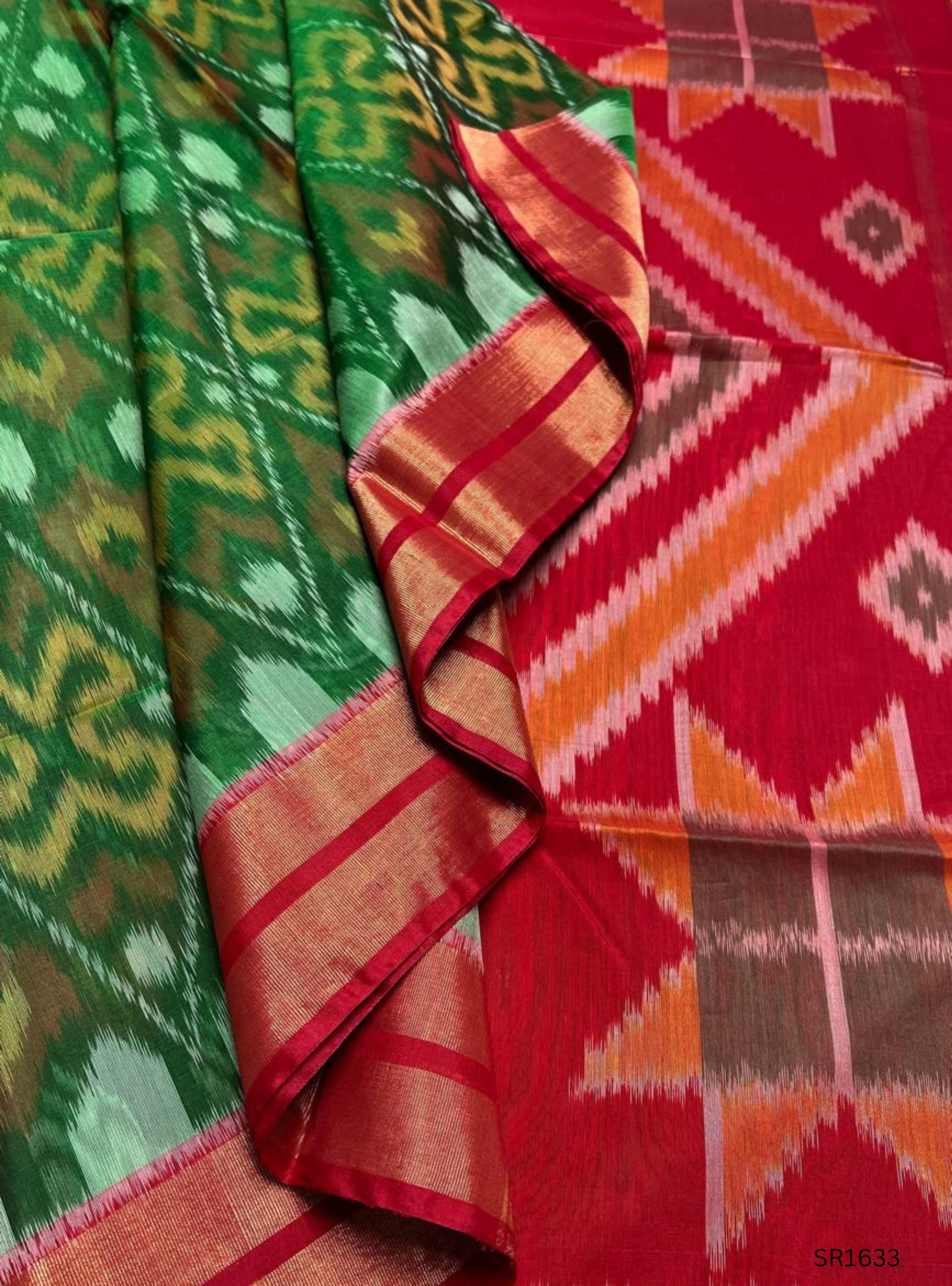 Green , White & Red - Ikkat Kora Cotton Saree