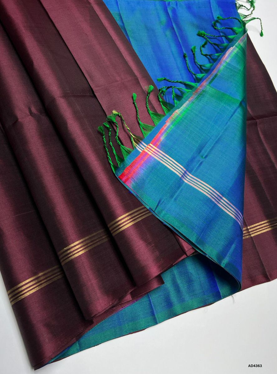 Peacock Blue & Maroon - Plain Soft Silk Saree