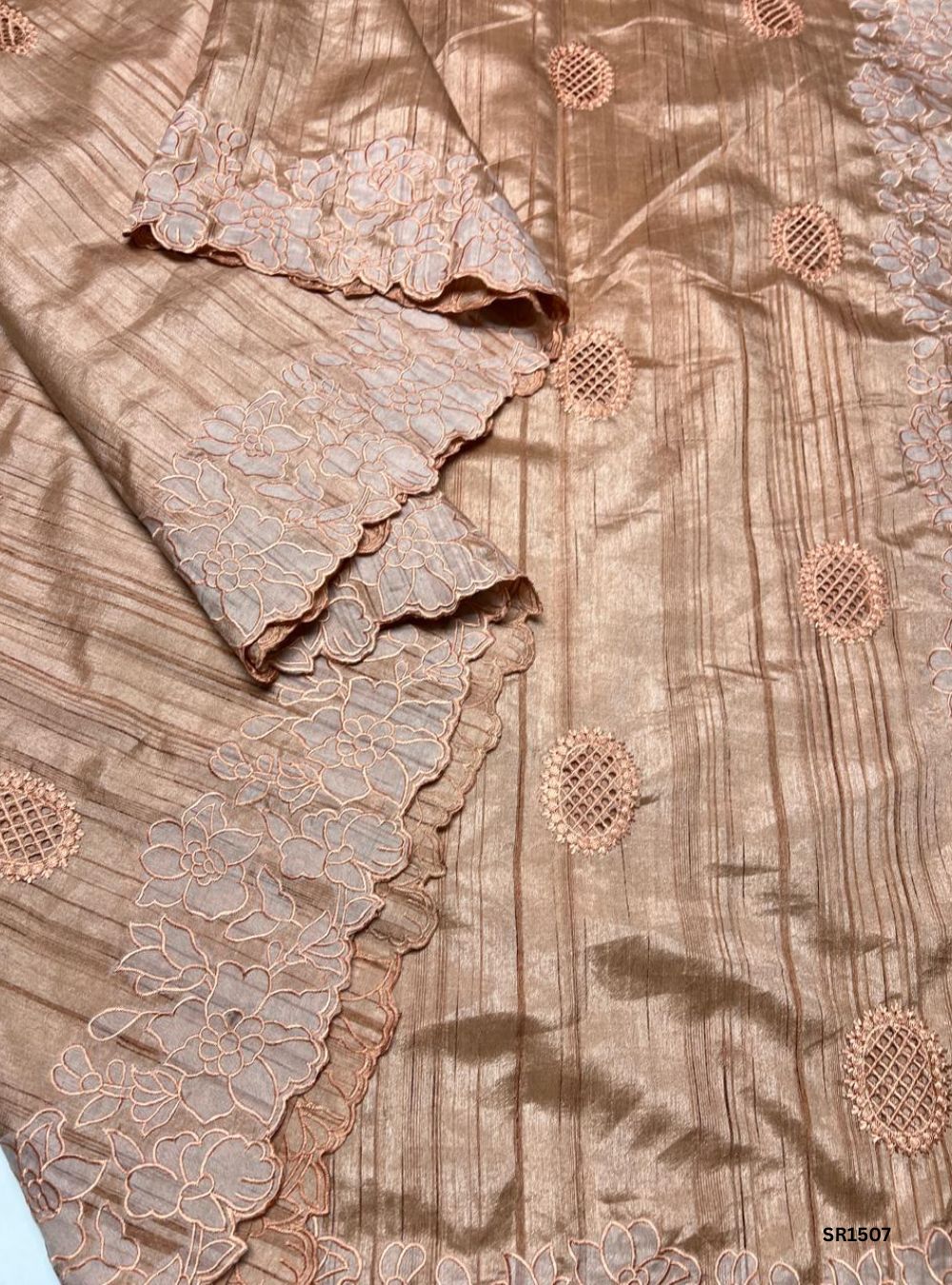 Creamy Peach - Semi Tussar Applique Cut Work Saree