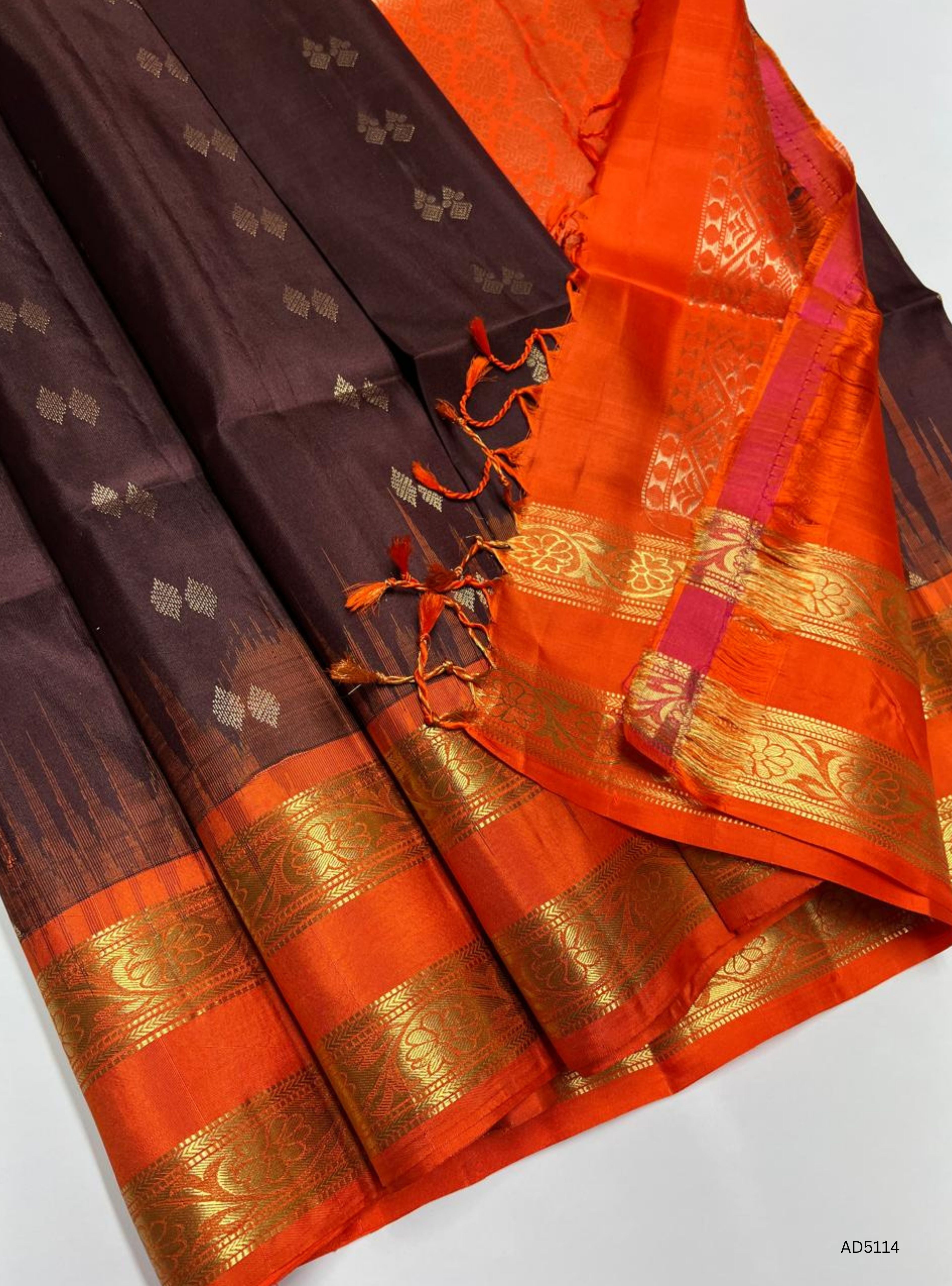 Coffee Brown & Orange -  Retta Pet Border Soft Silk Saree