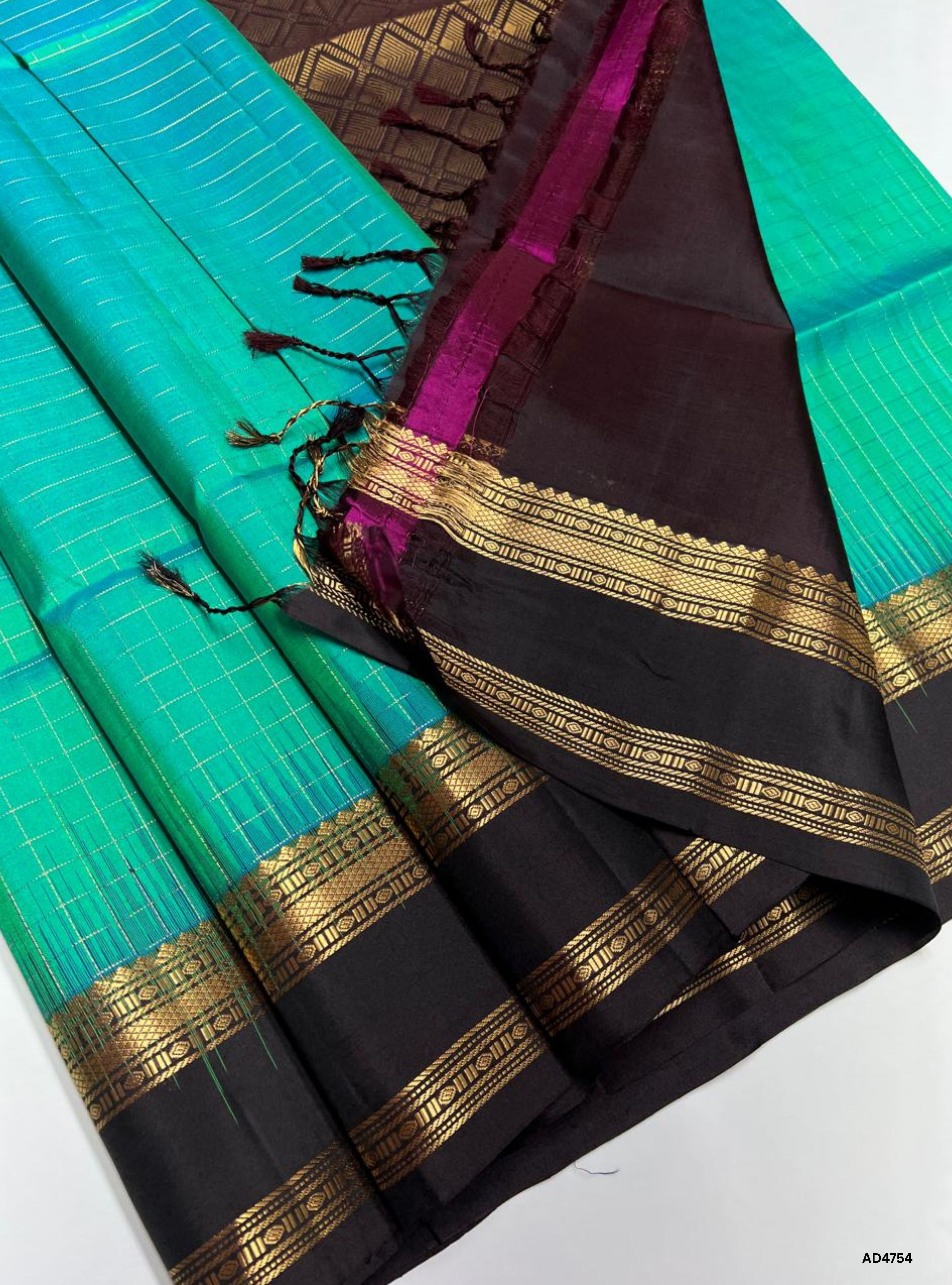 Aqua Green & Coffee Brown - Checkerd Retta Pet Soft Silk Saree