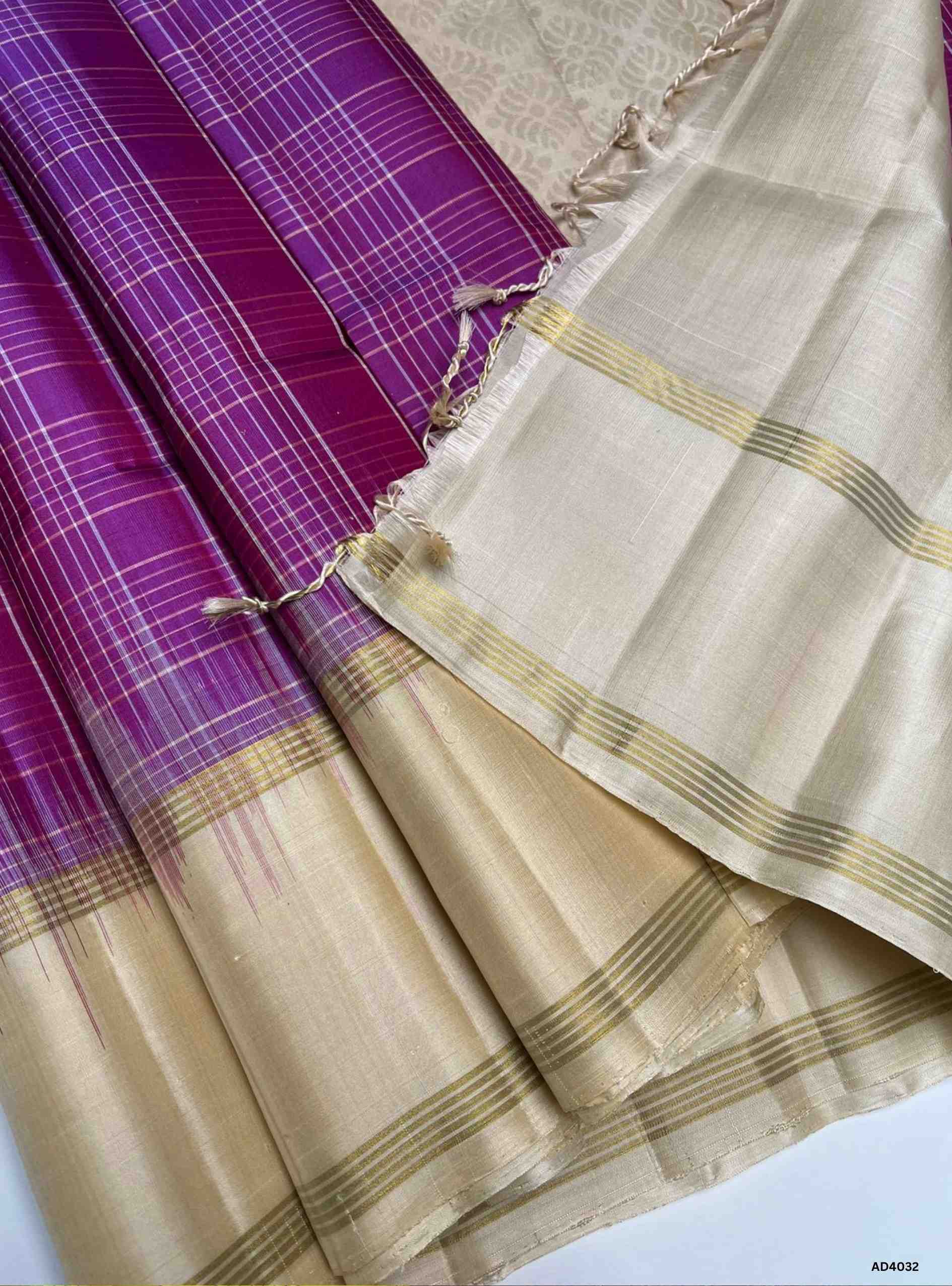 Magenta & Crème - Checkered Soft Silk Saree