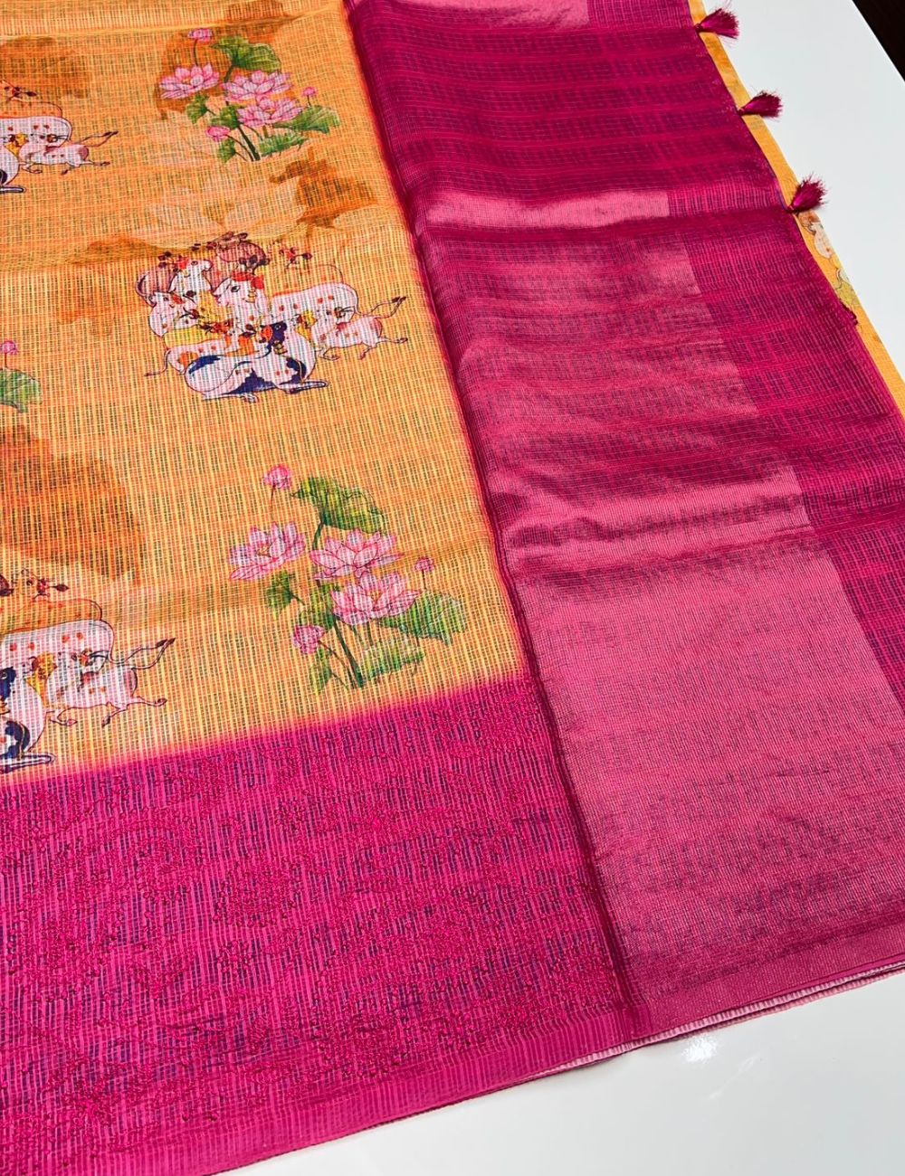 Golden Yellow &  Pink - Cotta Saree