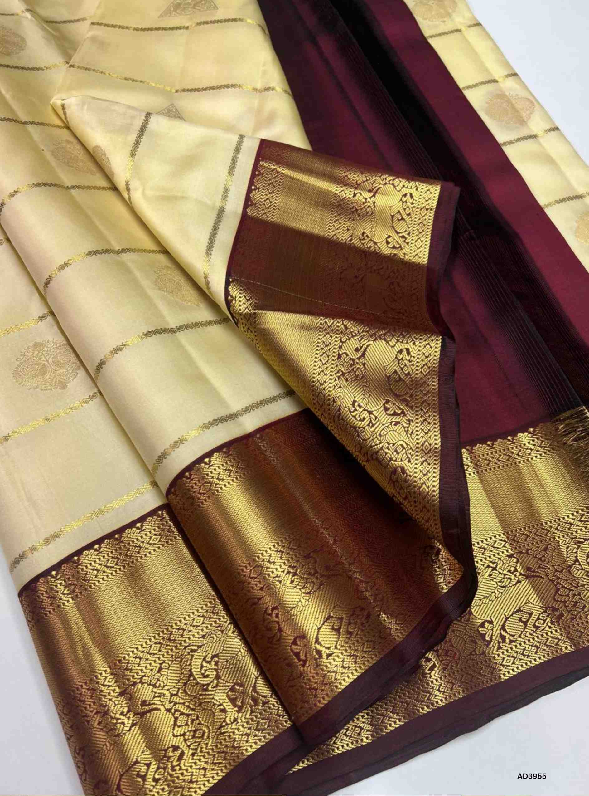 Half white & Maroon - Kanjeevaram Silk Saree