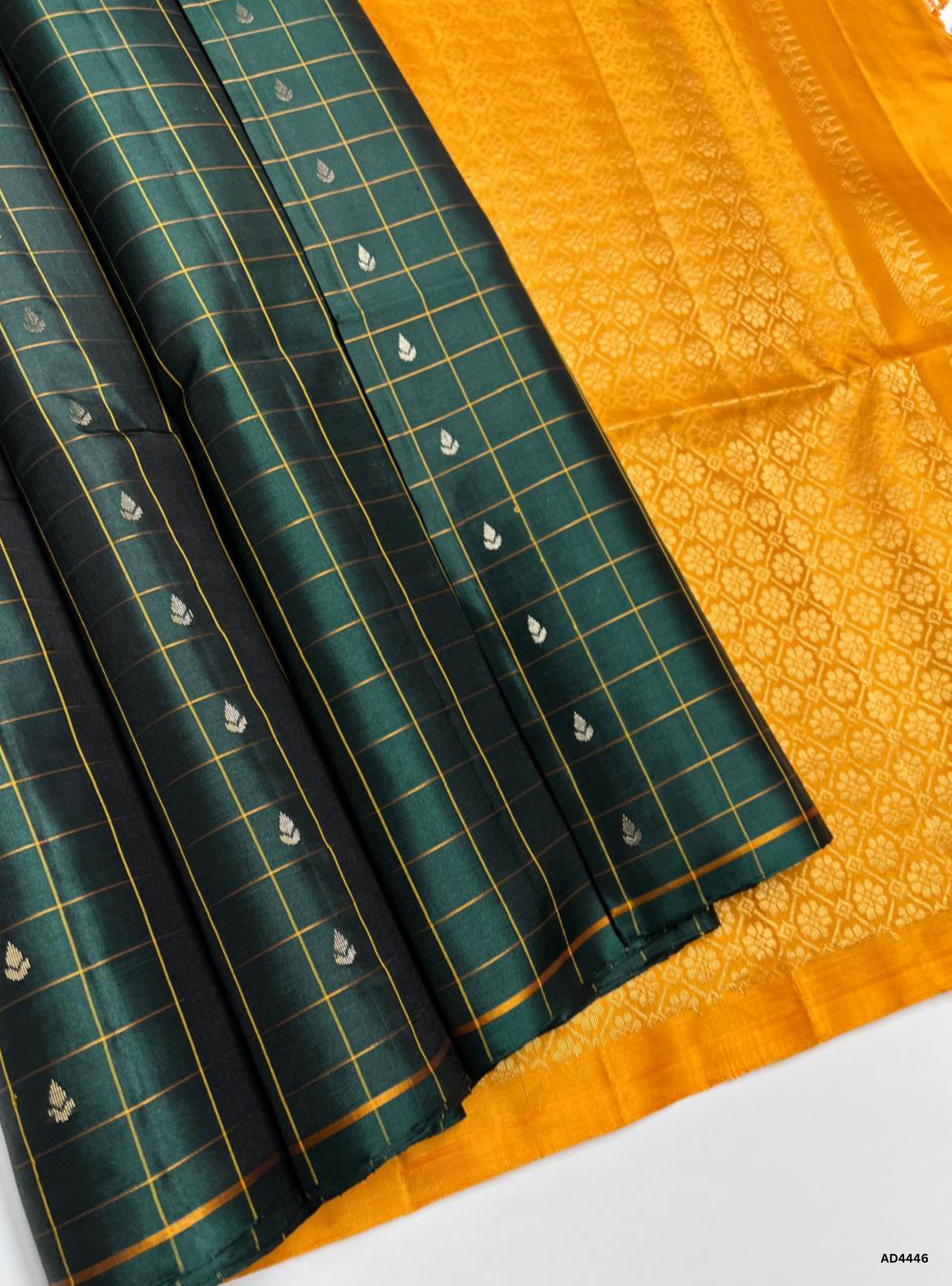 Green & Mango Yellow - Checkerd Soft Silk Saree