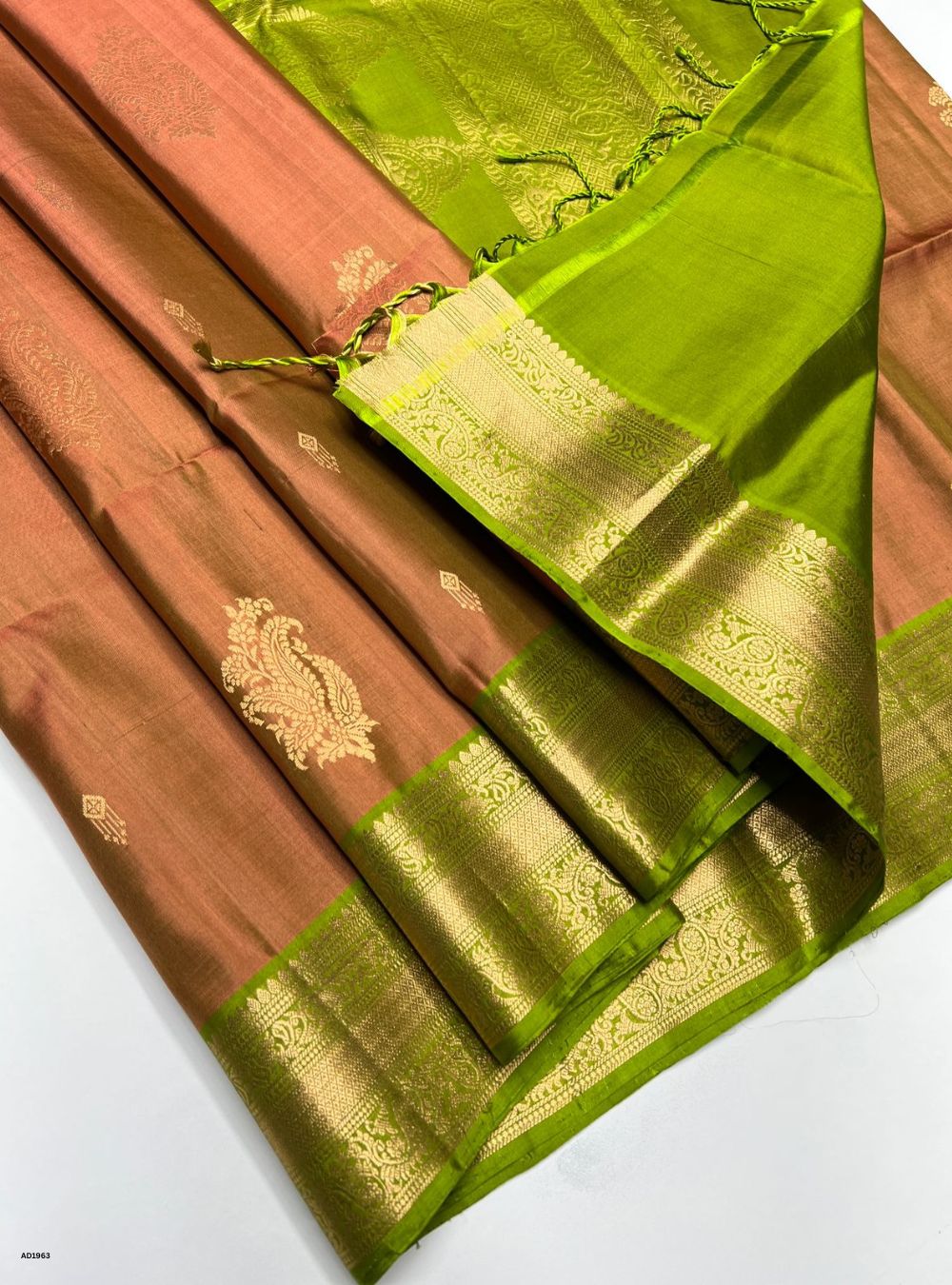 Dusty Peach & Lime Green -  Soft Silk Saree