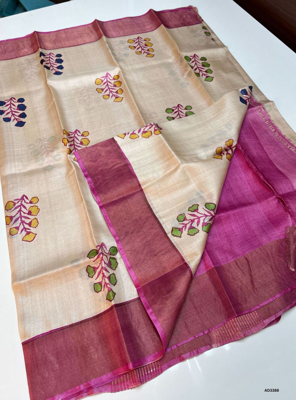 Ivory & Pink - Pure Tussar Saree