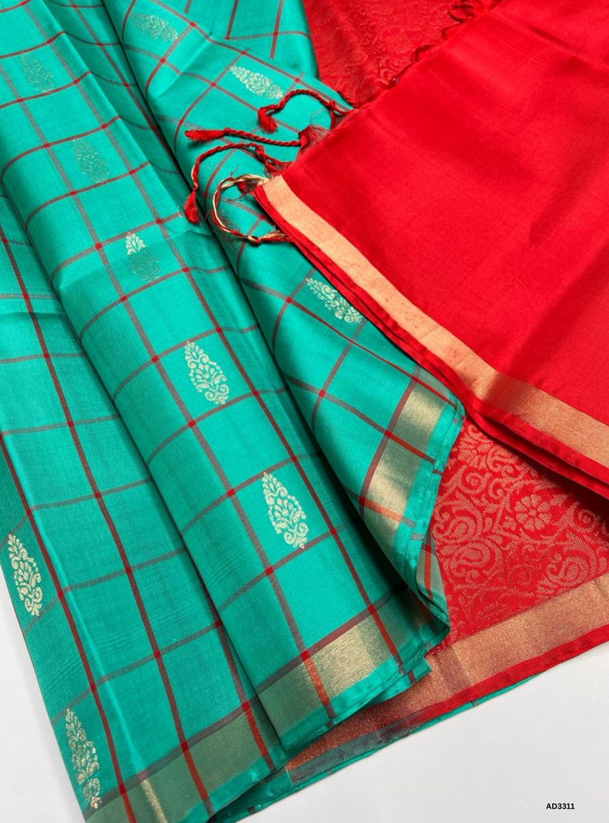 Rama Green & Orangish Pink - Soft Silk Saree