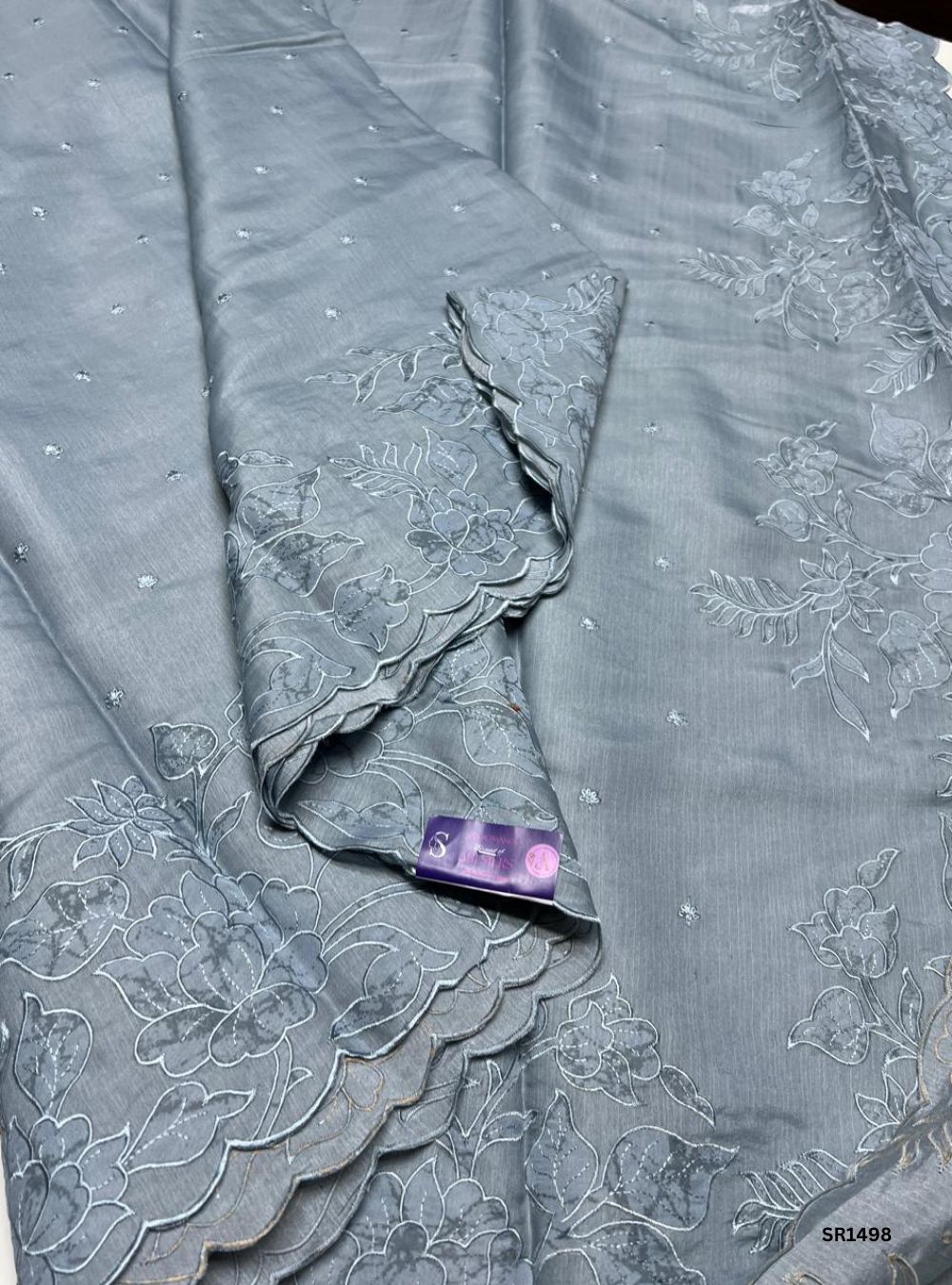 Grey - Applique Semi Tussar Saree