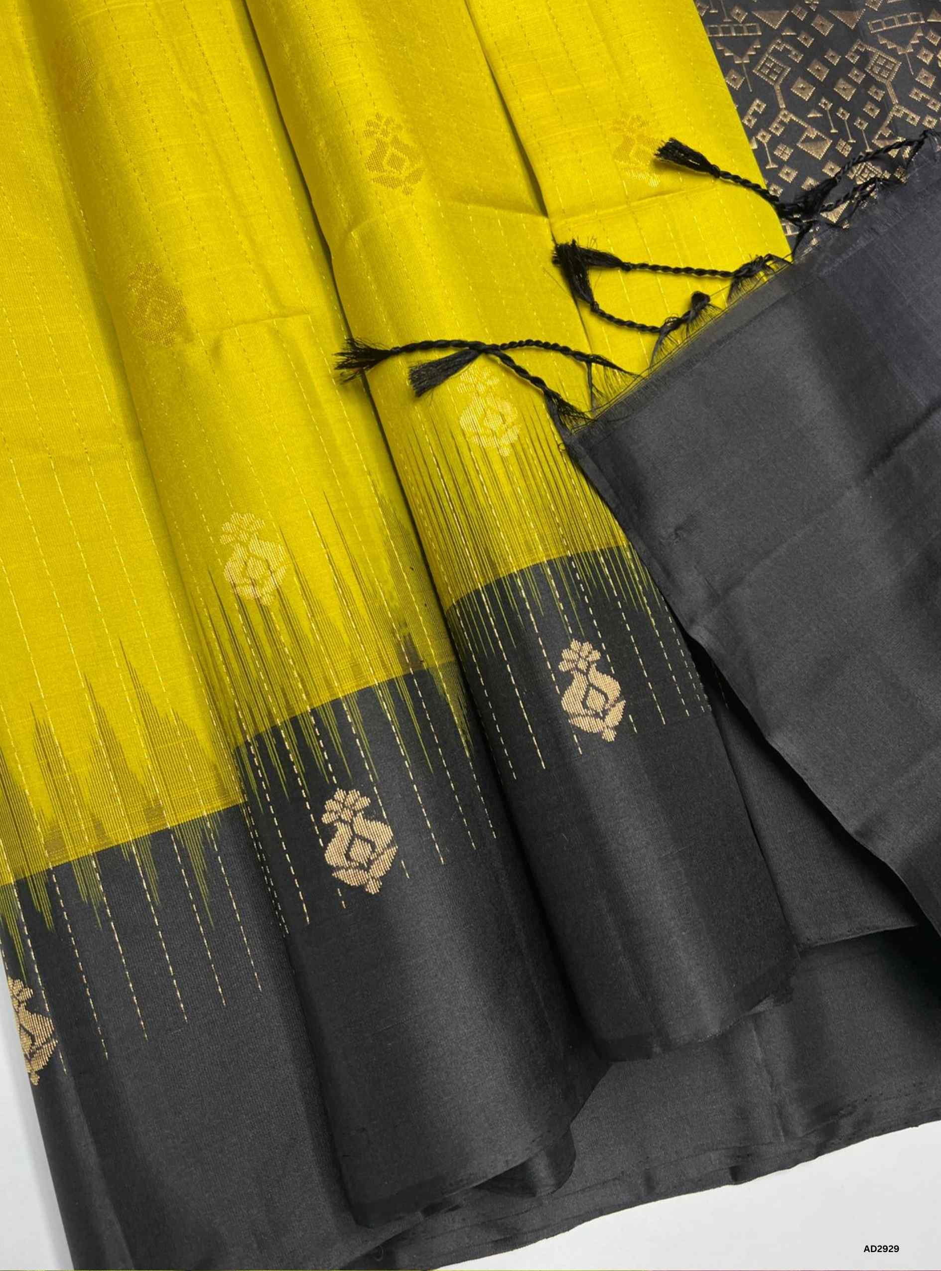 Lime Yellow & Black - Soft Silk Saree