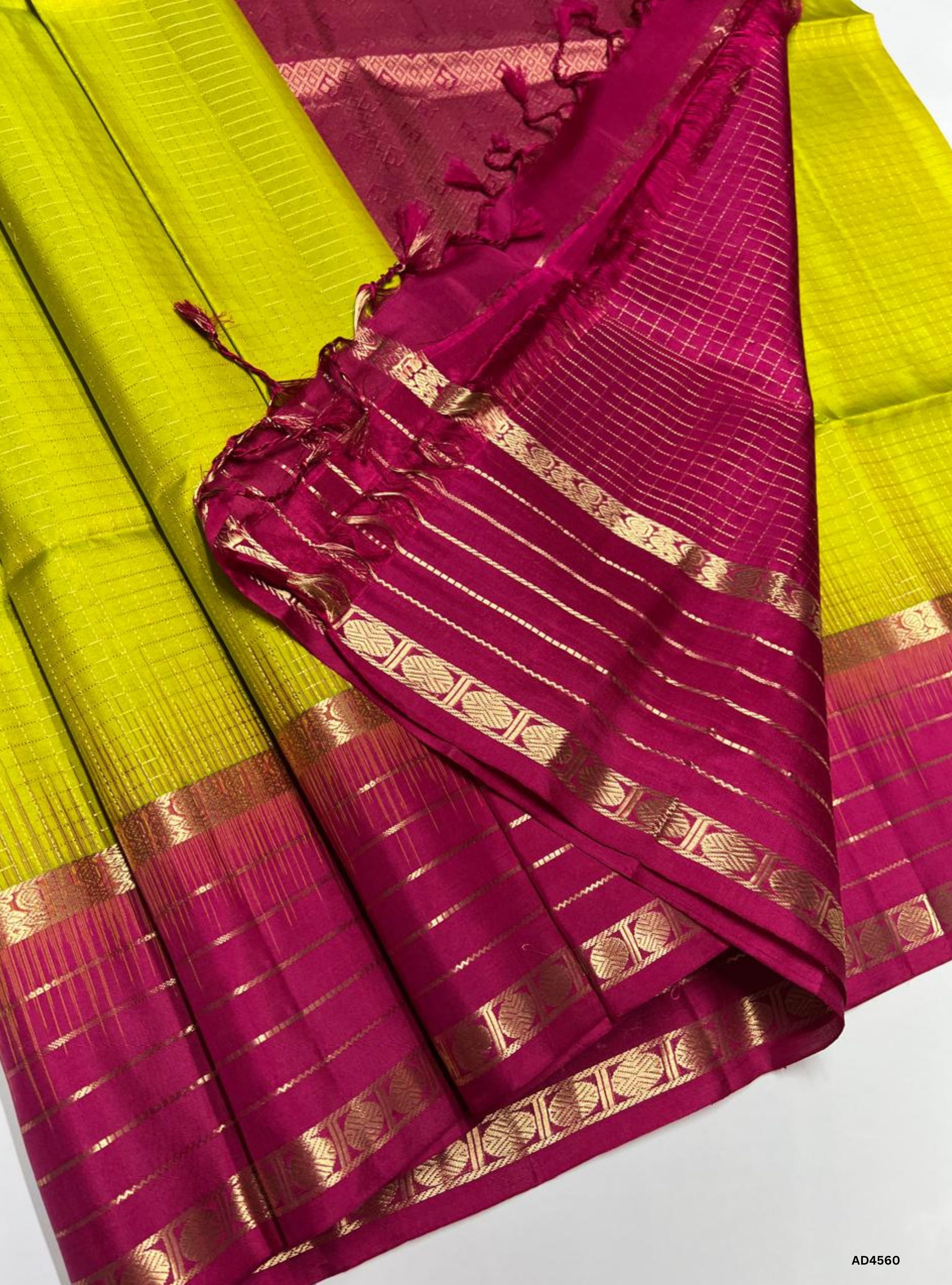 Lime Green & Rani Pink - Checkerd Retta Pet Border Saree