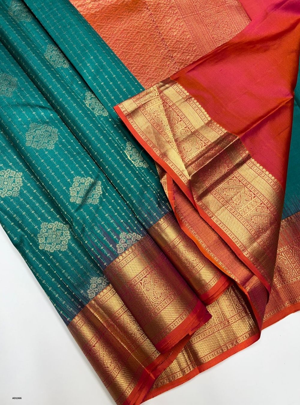 Emerald Green & Orangish Pink -  Soft Silk Saree