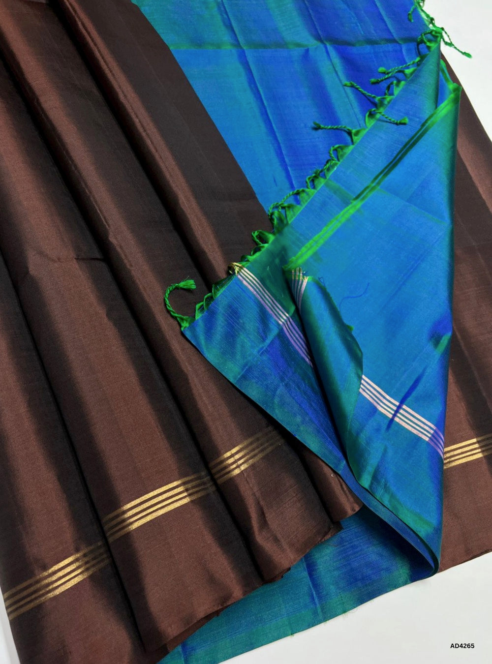 Peacock Blue & Brown - Contrast Plain Soft Silk Saree