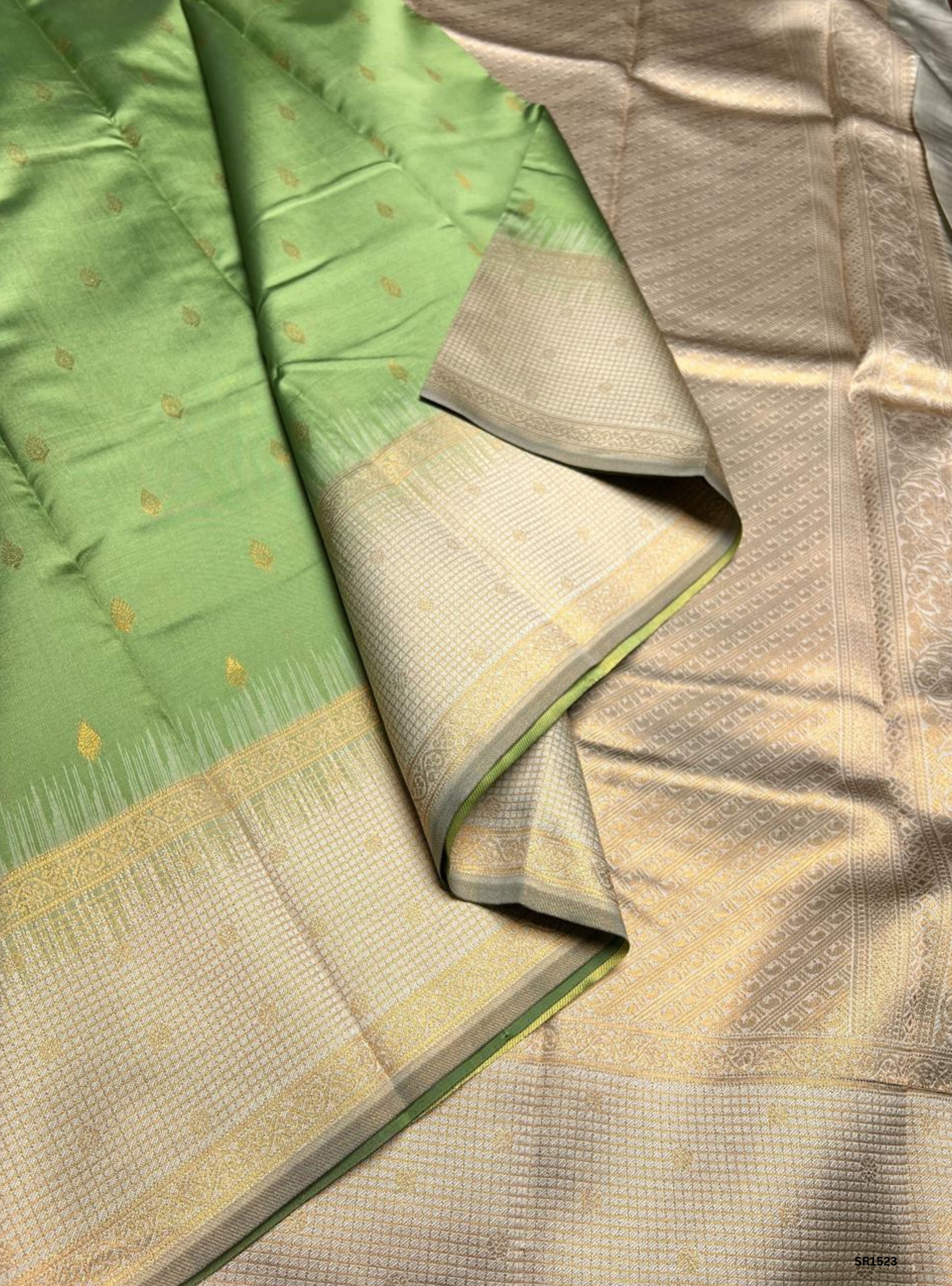 Apple Green & Cream - Semi Silk Saree