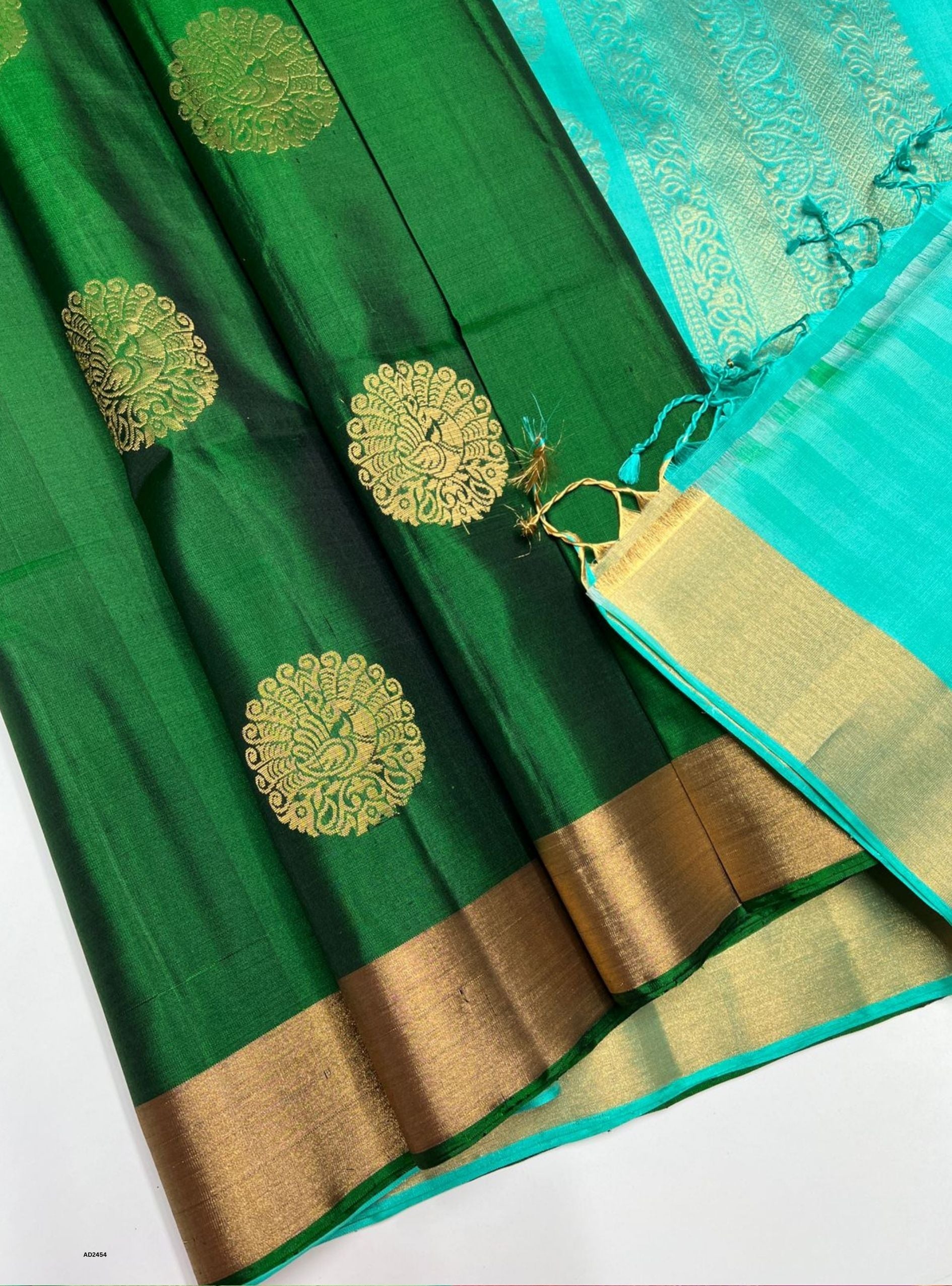 Bottle Green & Aqua - Soft Silk Saree