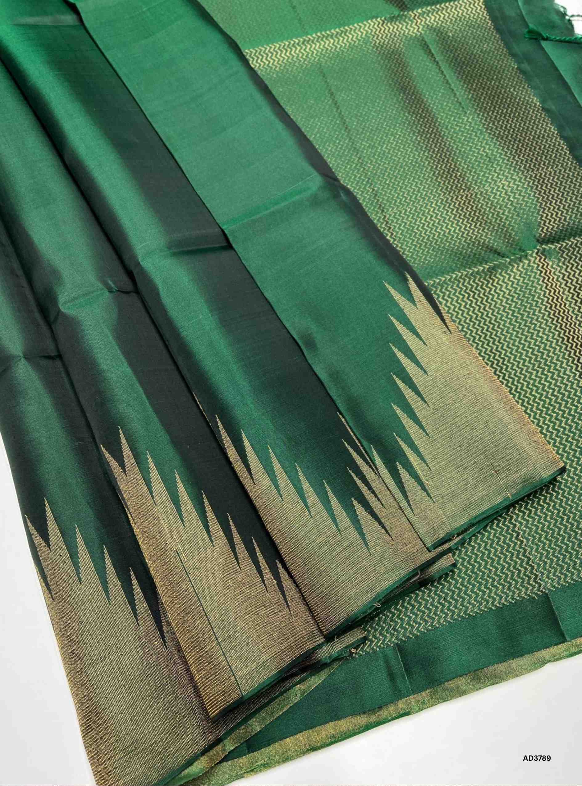 Dark Green - Temple Border Soft Silk Saree
