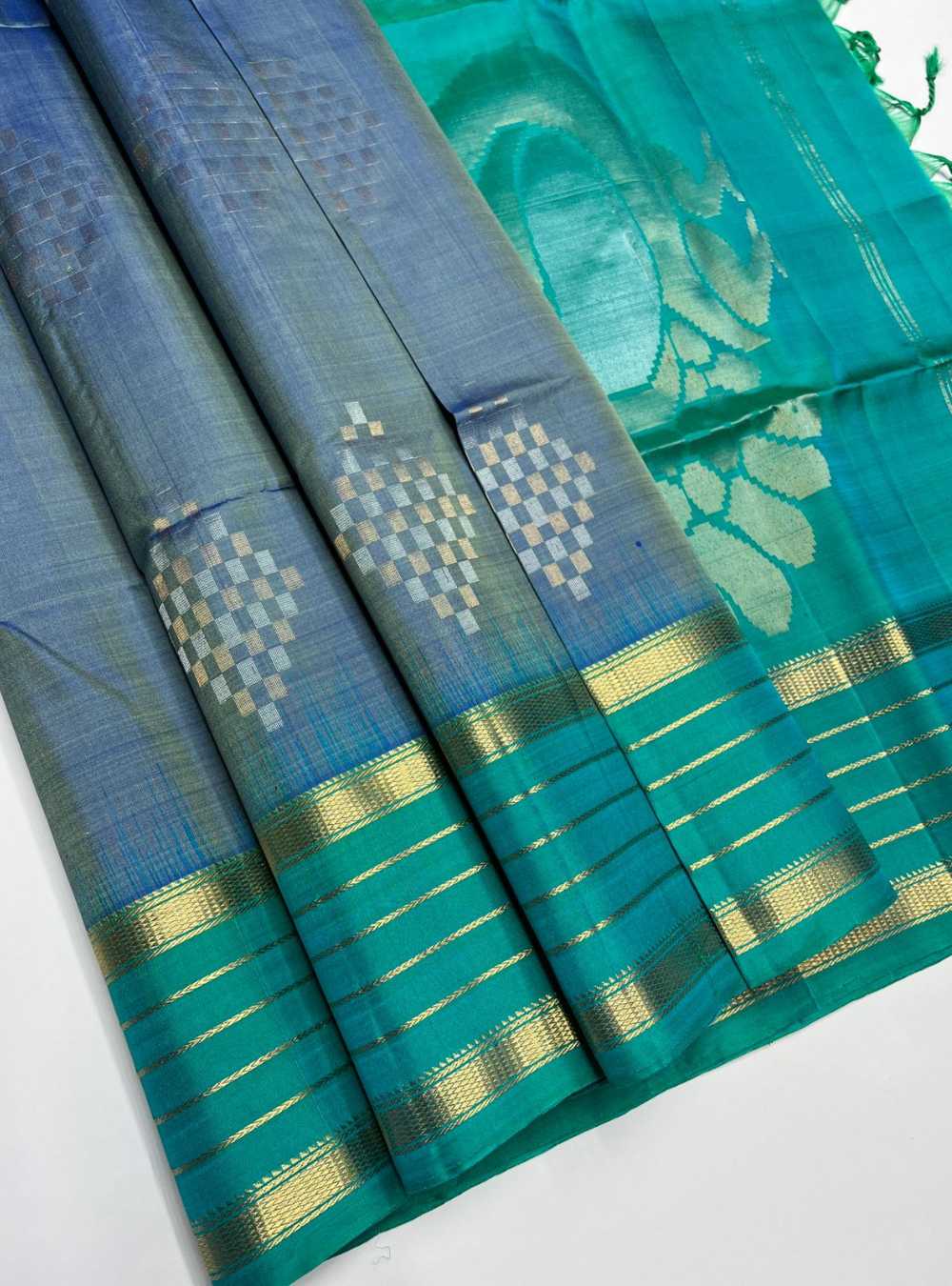 Greyish Blue & Aqua - Soft Silk Saree