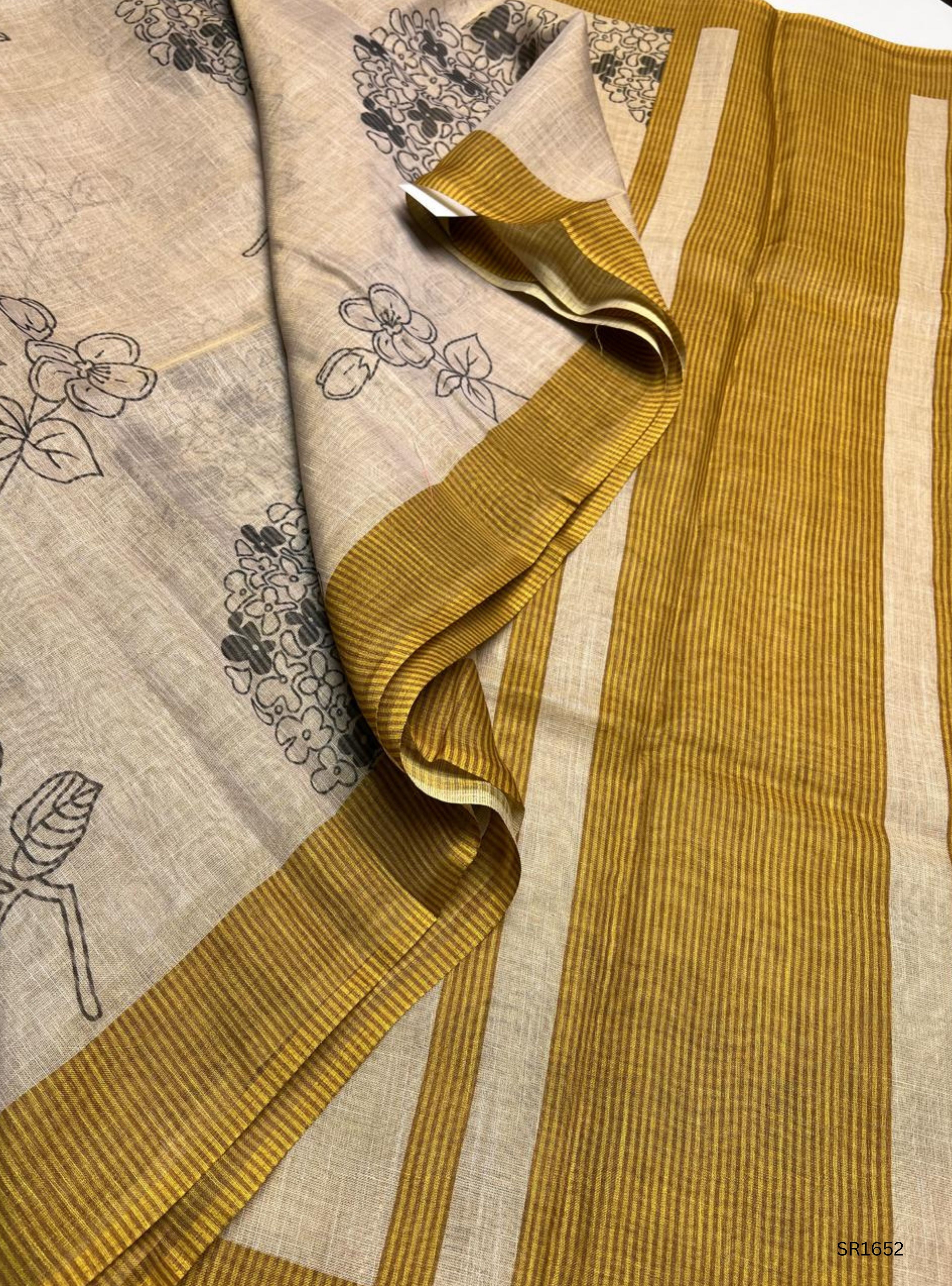Cream & Golden Yellow - Linen  Saree