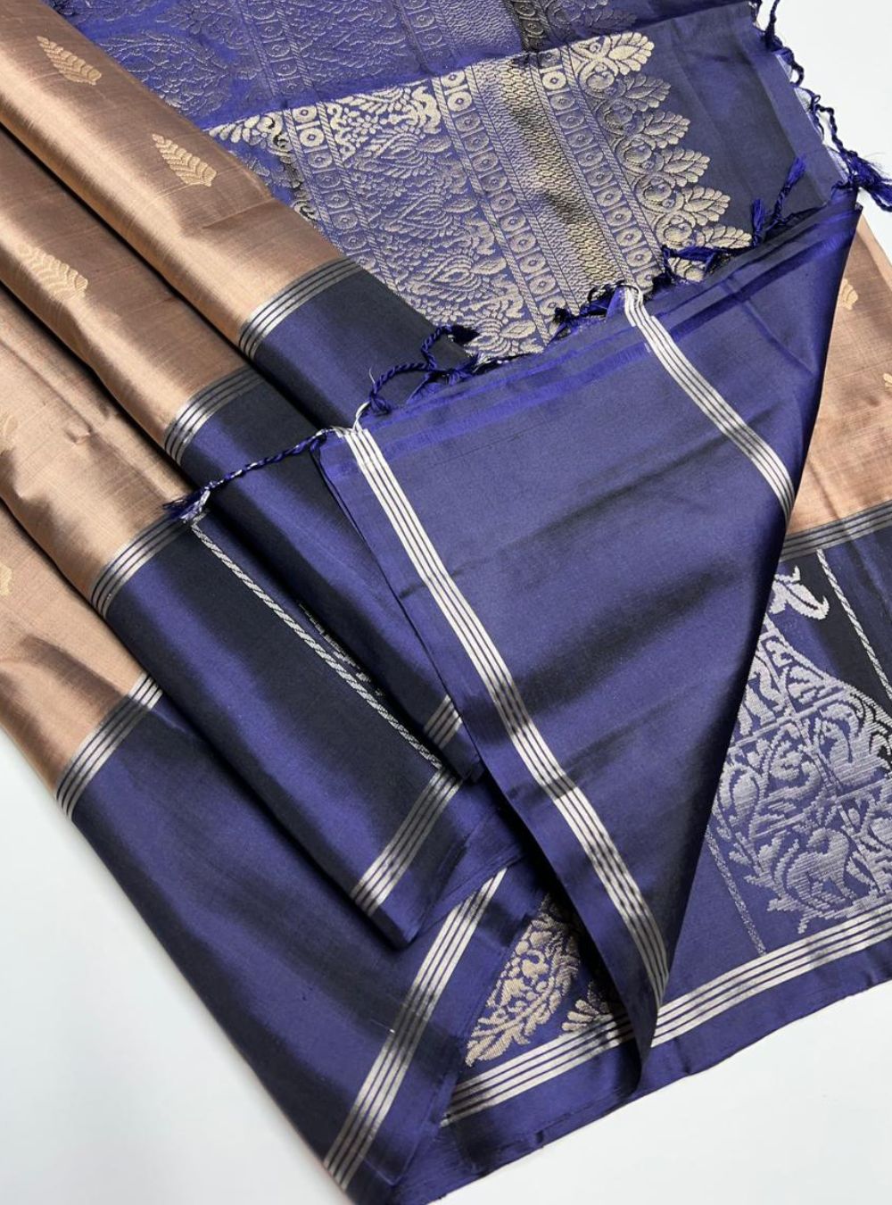 Chocolate Brown & Navy - Soft Silk Saree