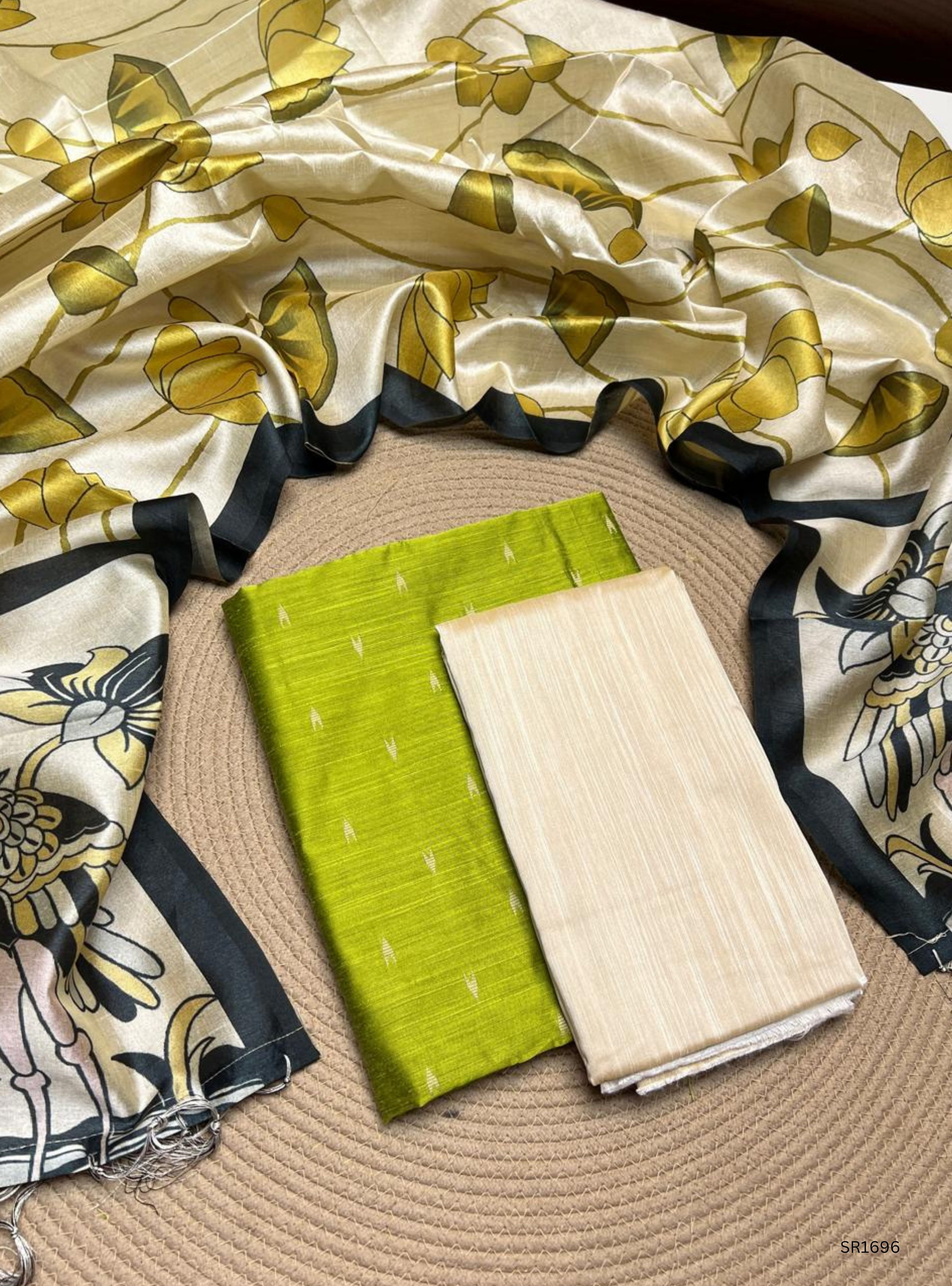Green - Raw Silk  Unstiched Suit 3 Pc Set