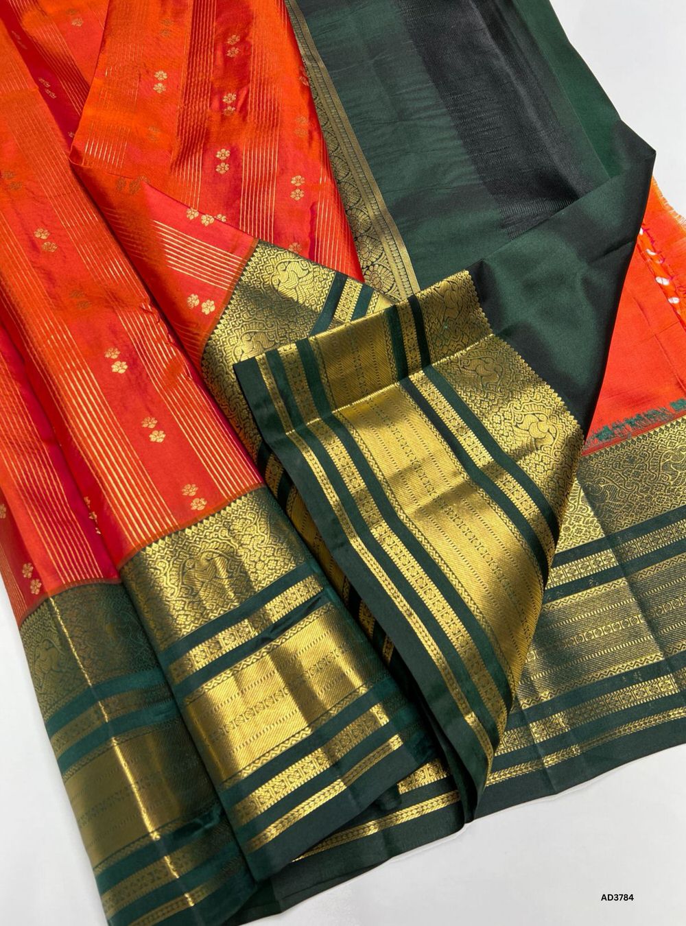 Orange & Dark Green - Kanjeevaram Silk Saree
