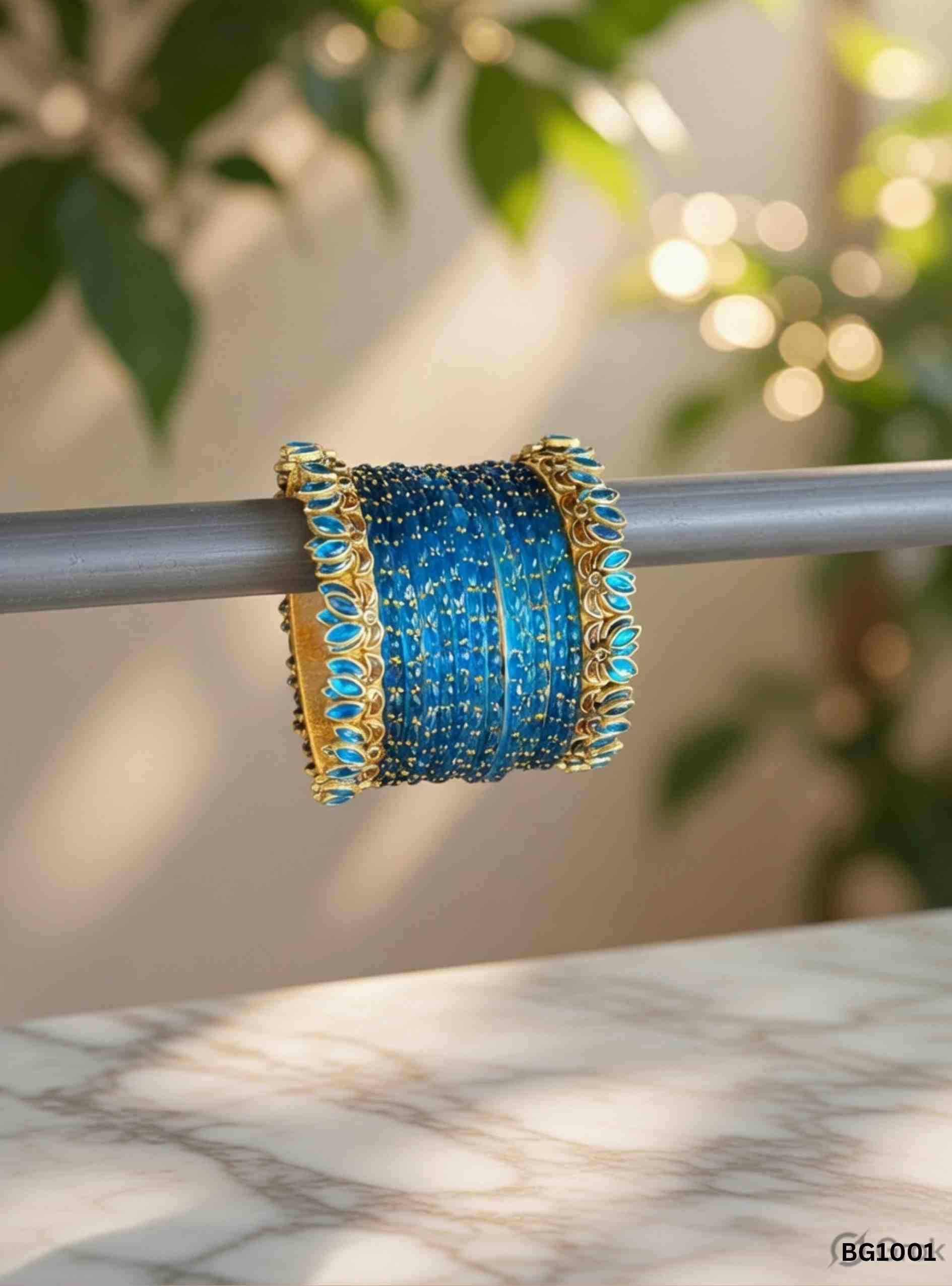 Blue - Raindrop Kundan Bangle Set