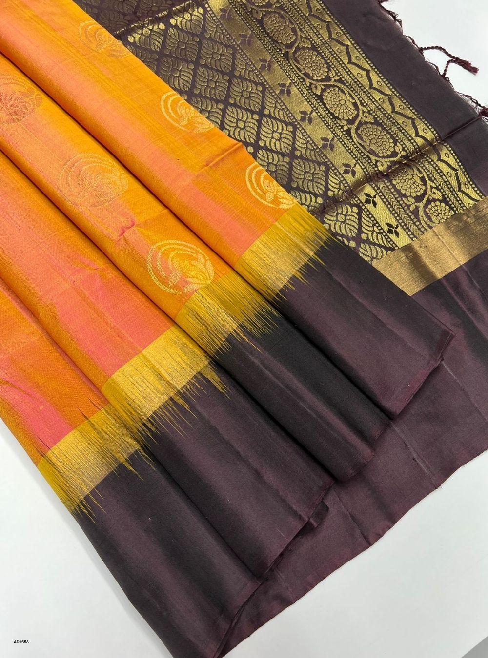 Yellowish Pink & Coffee Brown -  Soft Silk Saree