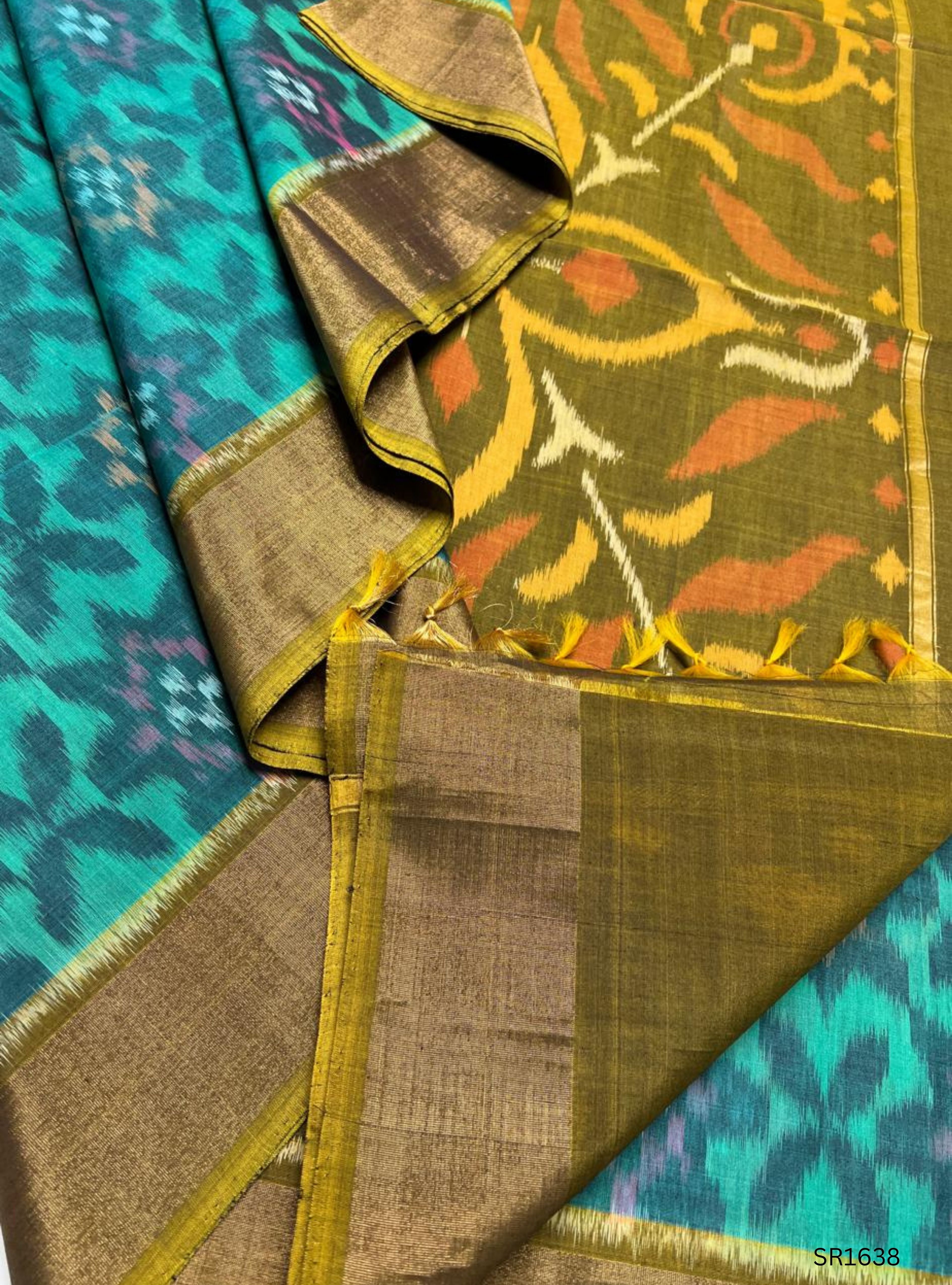 Emaraled Green , Blue & Olive Green - Ikkat Kora Cotton Saree
