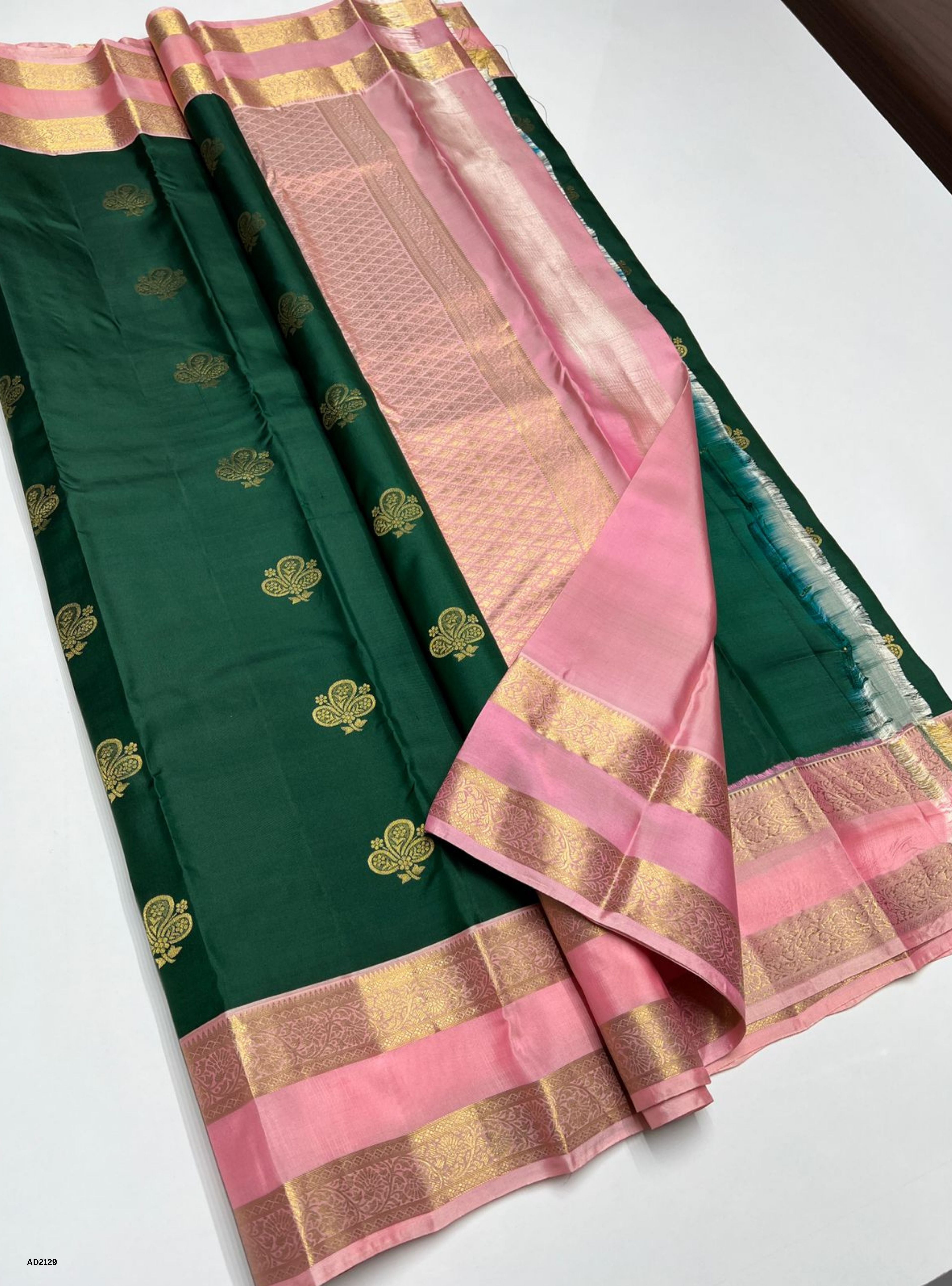Bottle Green & Baby Pink  - Soft Silk Saree