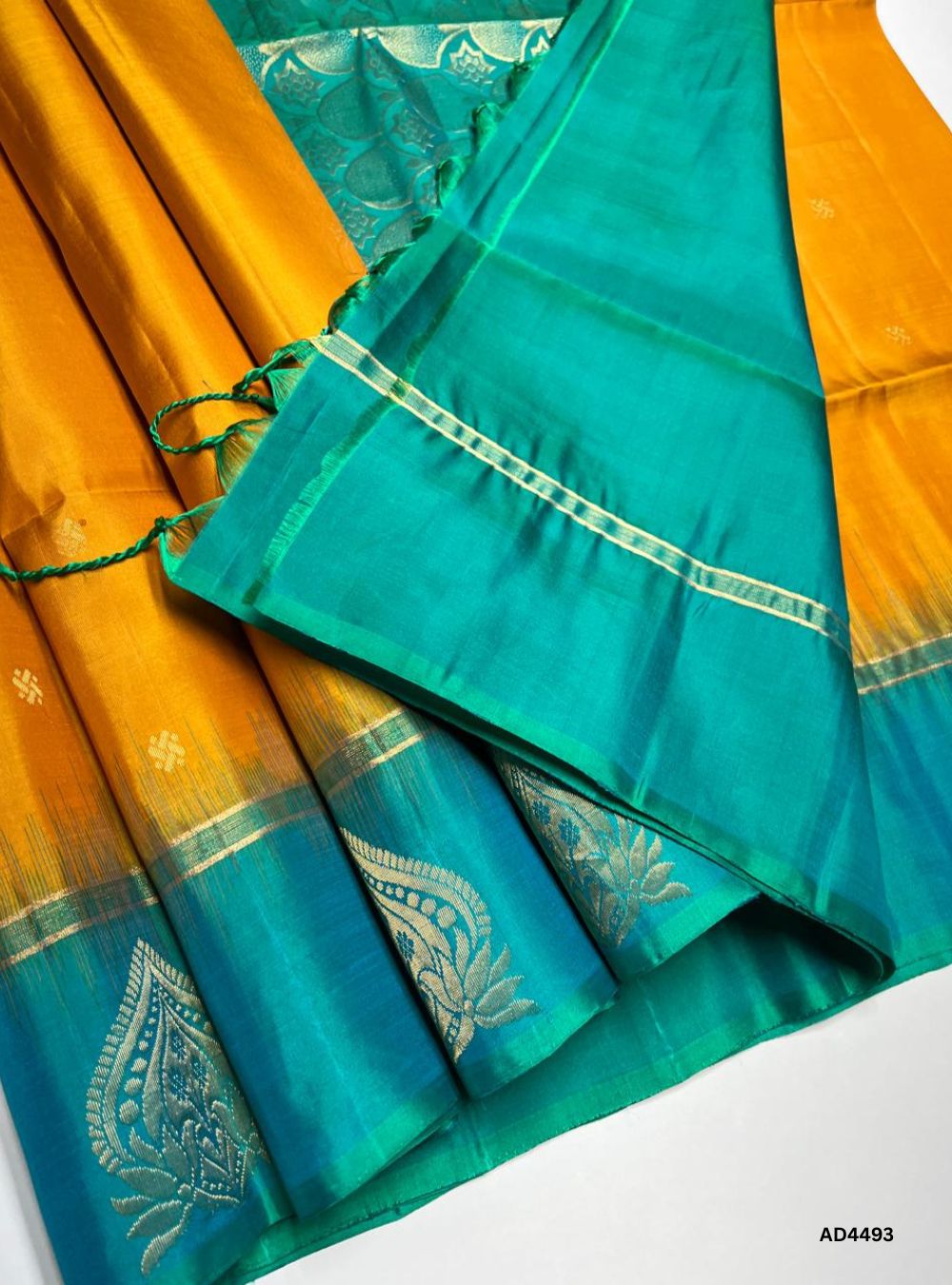 Mango Yellow & Aquva Green - Fancy Bhutta Soft Silk Saree